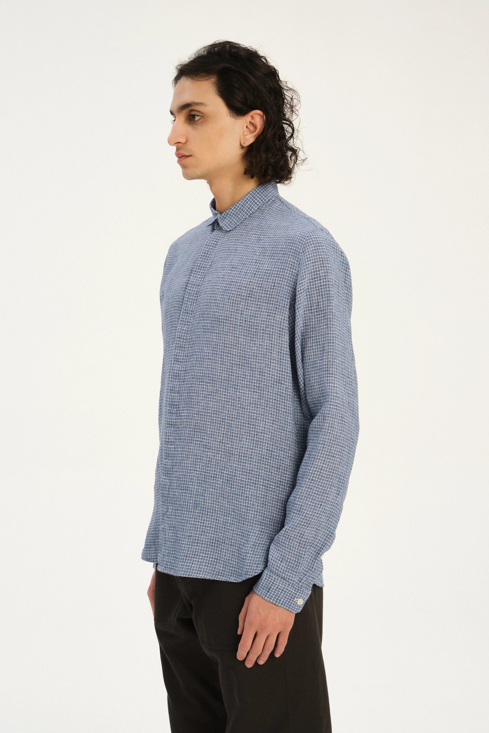 Cute Round Collar Shirt in a Blue Mini Check Italian Linen