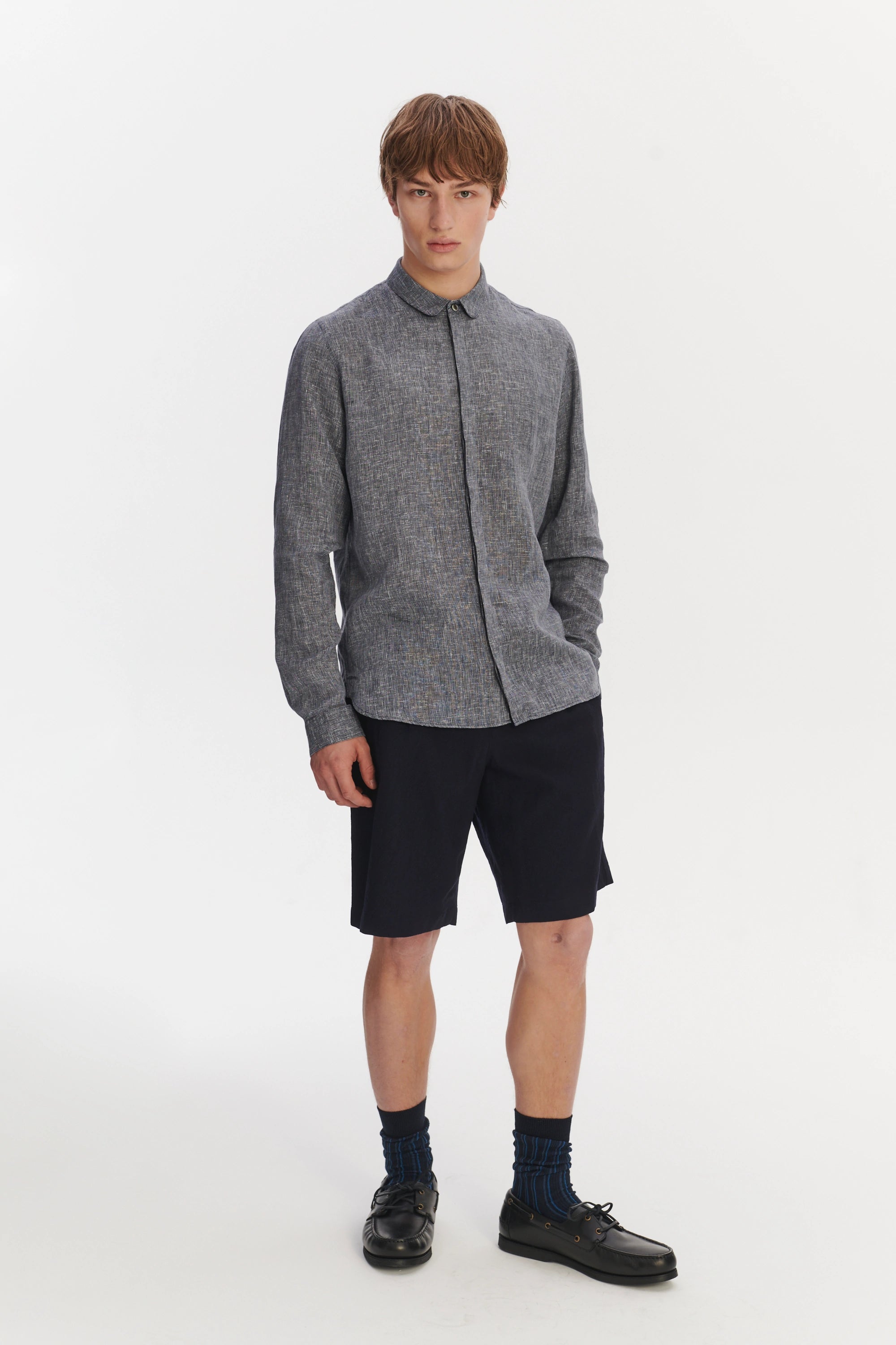 Cute Round Collar Shirt in a Soft and Airy Dark Blue and White Pin Stripe Italian Linen