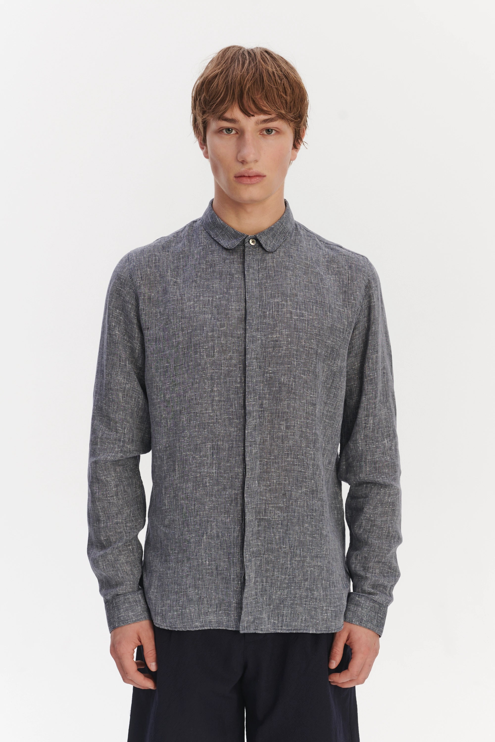 Cute Round Collar Shirt in a Soft and Airy Dark Blue and White Pin Stripe Italian Linen