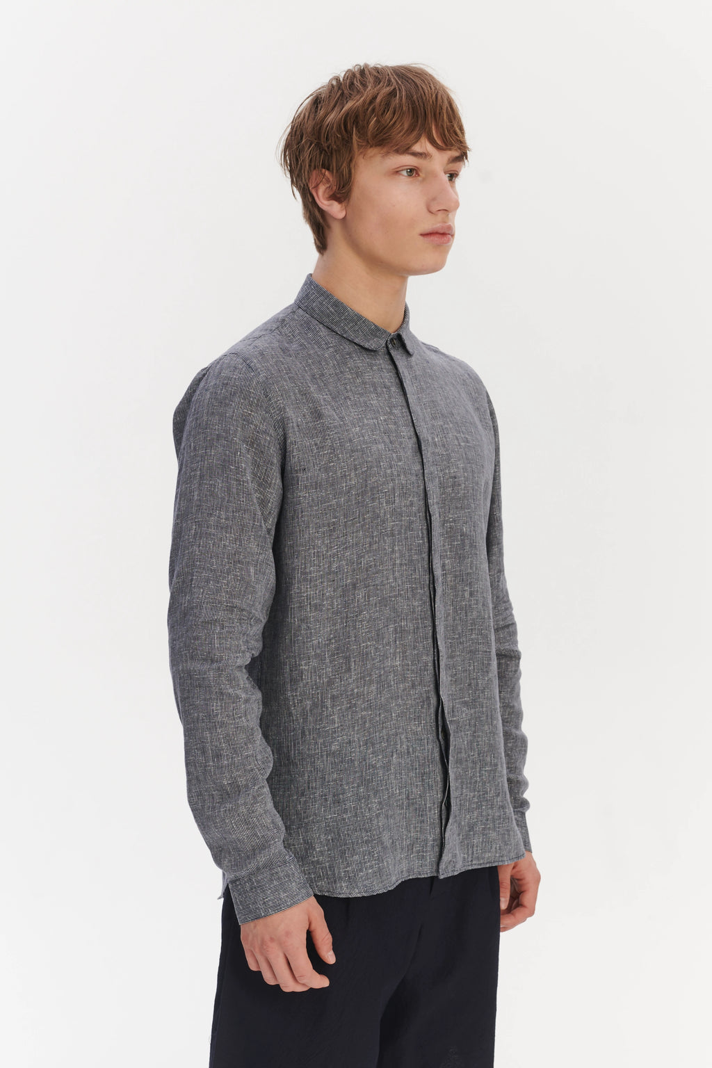 Cute Round Collar Shirt in a Soft and Airy Dark Blue and White Pin Stripe Italian Linen