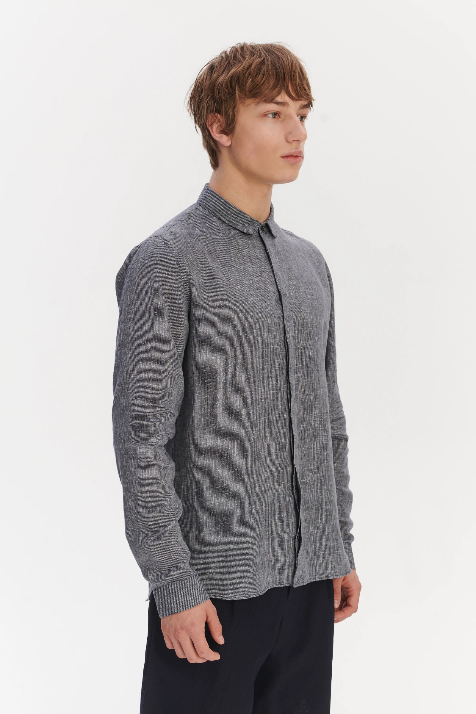 Cute Round Collar Shirt in a Soft and Airy Dark Blue and White Pin Stripe Italian Linen