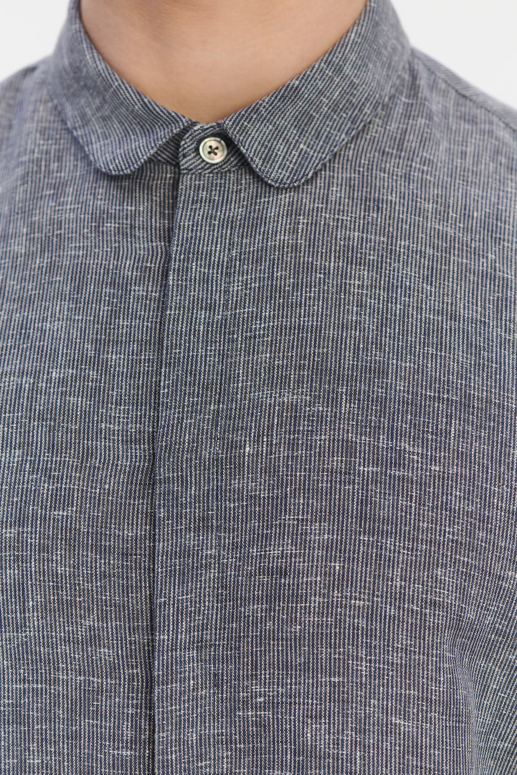 Cute Round Collar Shirt in a Soft and Airy Dark Blue and White Pin Stripe Italian Linen