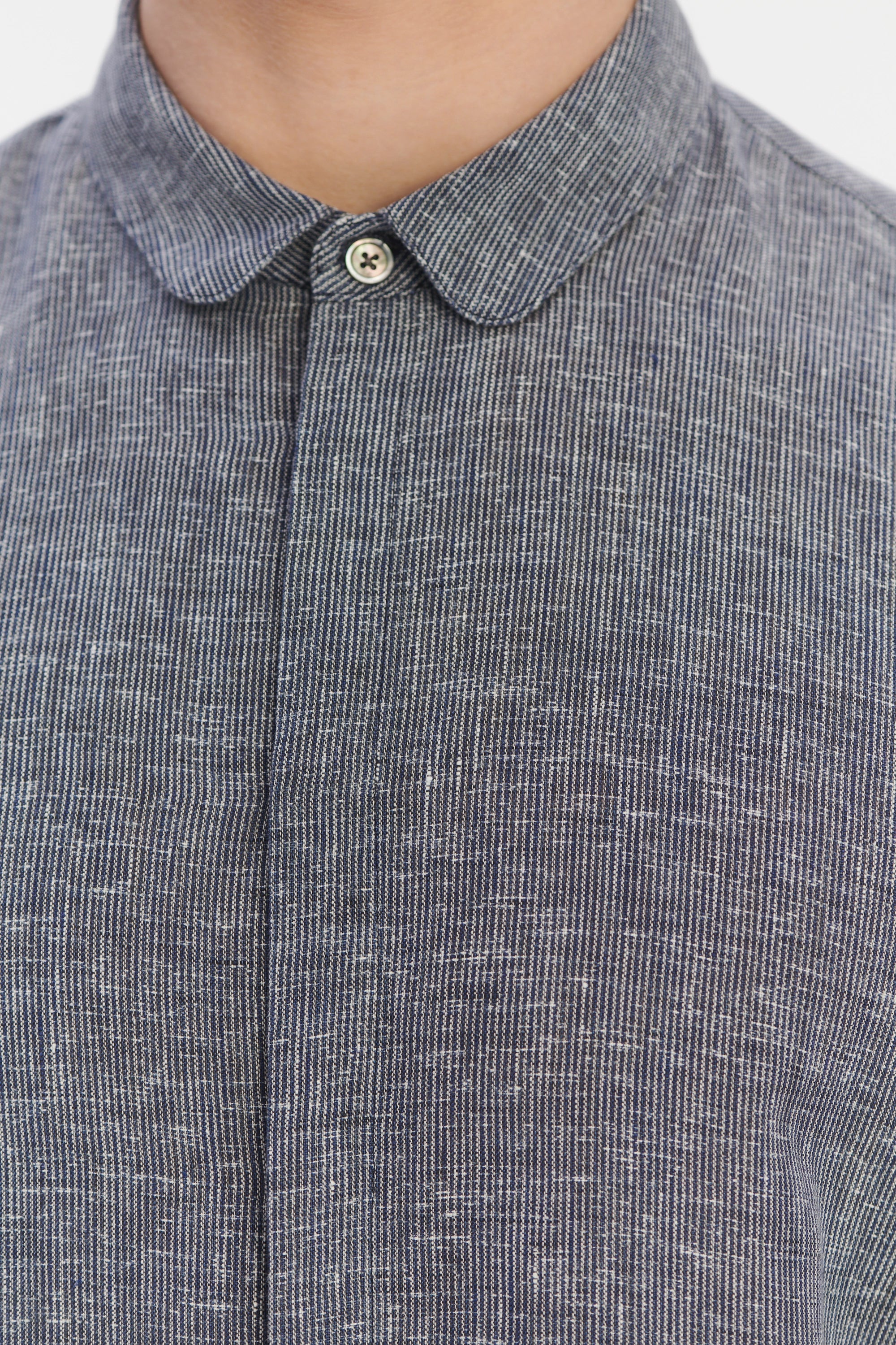Cute Round Collar Shirt in a Soft and Airy Dark Blue and White Pin Stripe Italian Linen