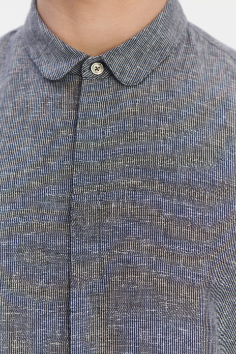 Cute Round Collar Shirt in a Soft and Airy Dark Blue and White Pin Stripe Italian Linen