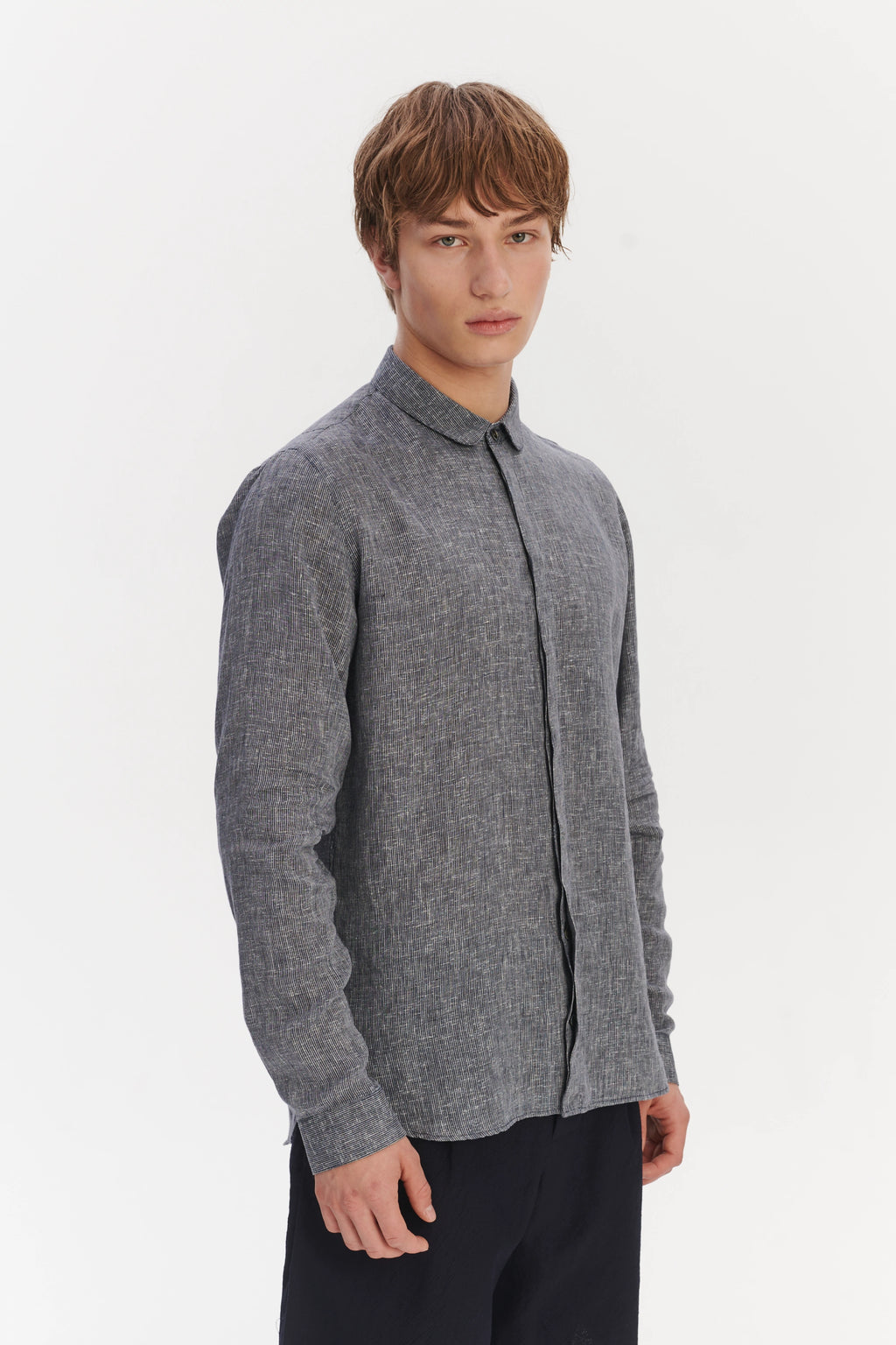 Cute Round Collar Shirt in a Soft and Airy Dark Blue and White Pin Stripe Italian Linen
