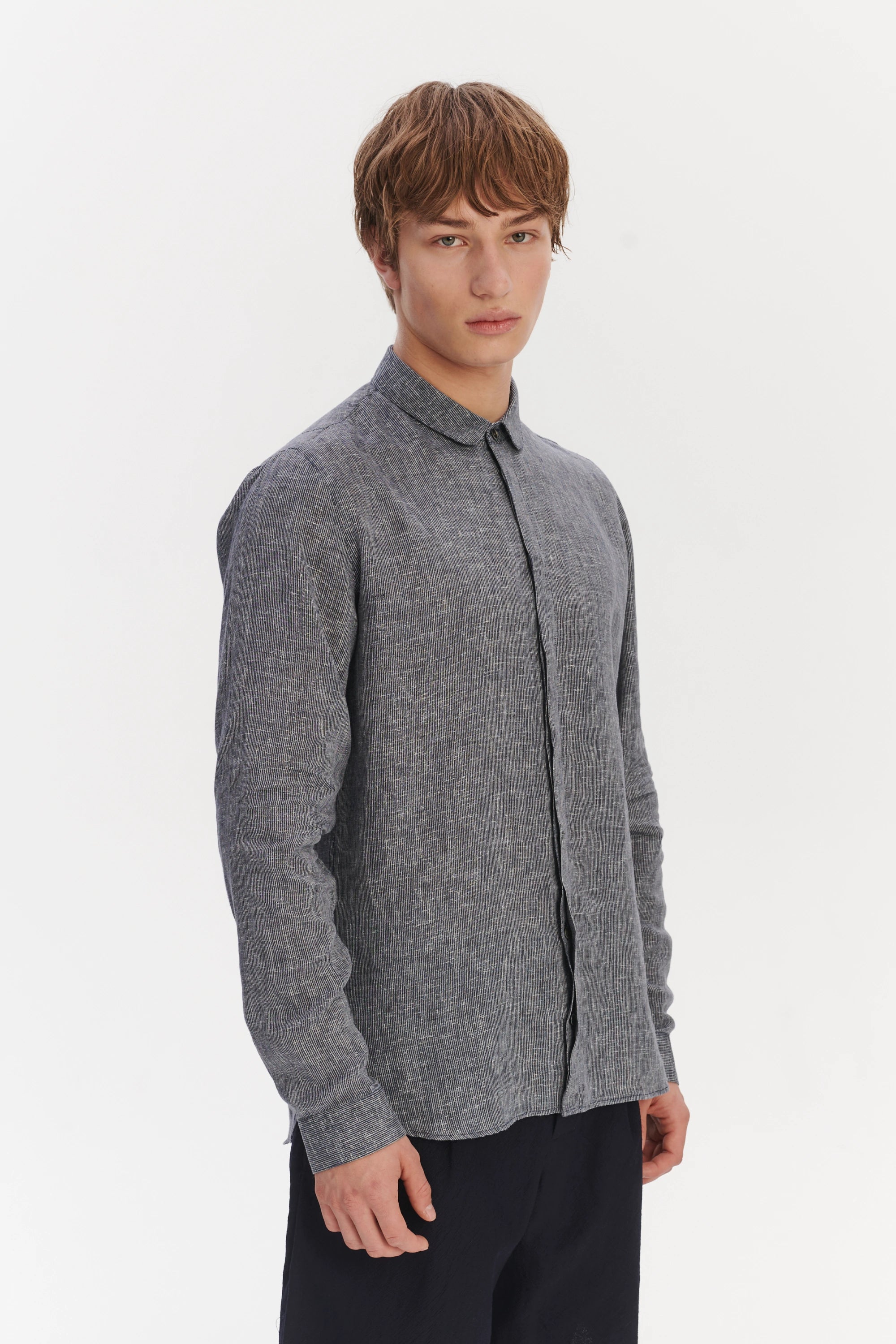 Cute Round Collar Shirt in a Soft and Airy Dark Blue and White Pin Stripe Italian Linen