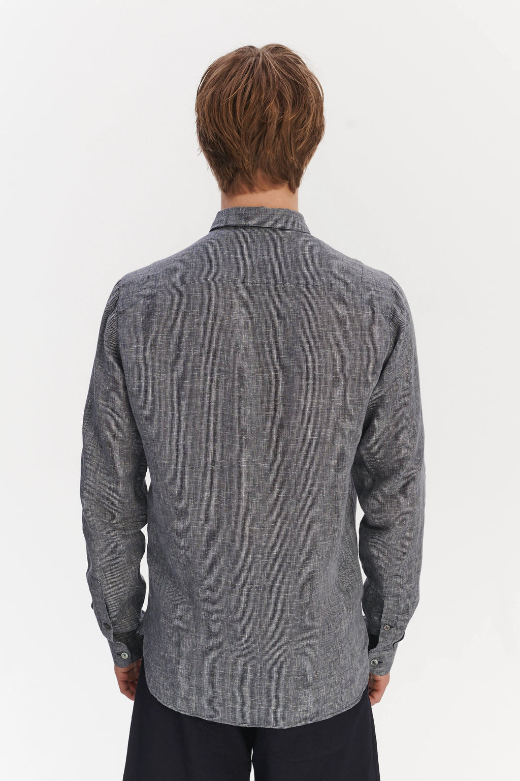 Cute Round Collar Shirt in a Soft and Airy Dark Blue and White Pin Stripe Italian Linen