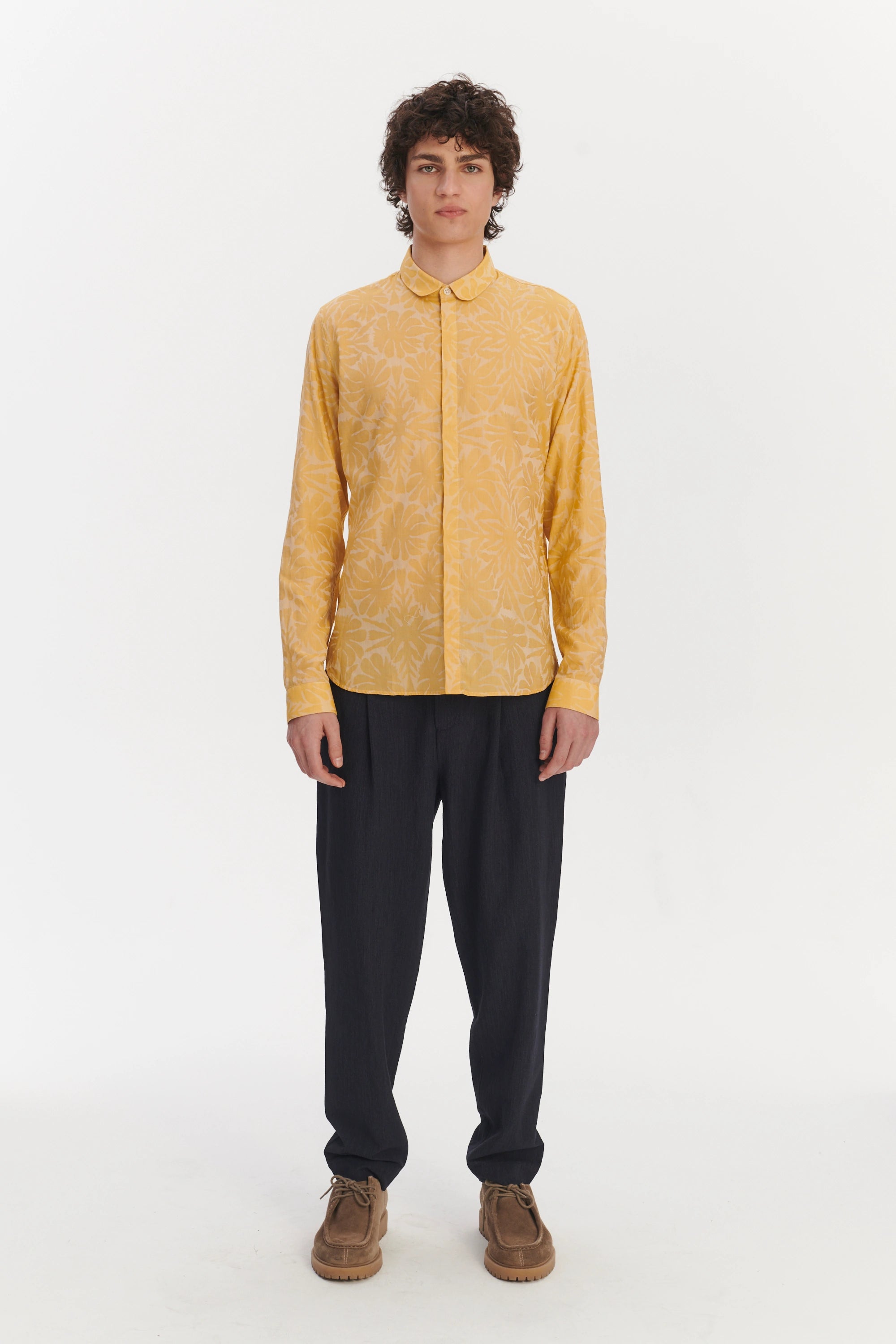 Cute Round Collar Shirt in a Yellow and Cream Jacquard Italian Cotton