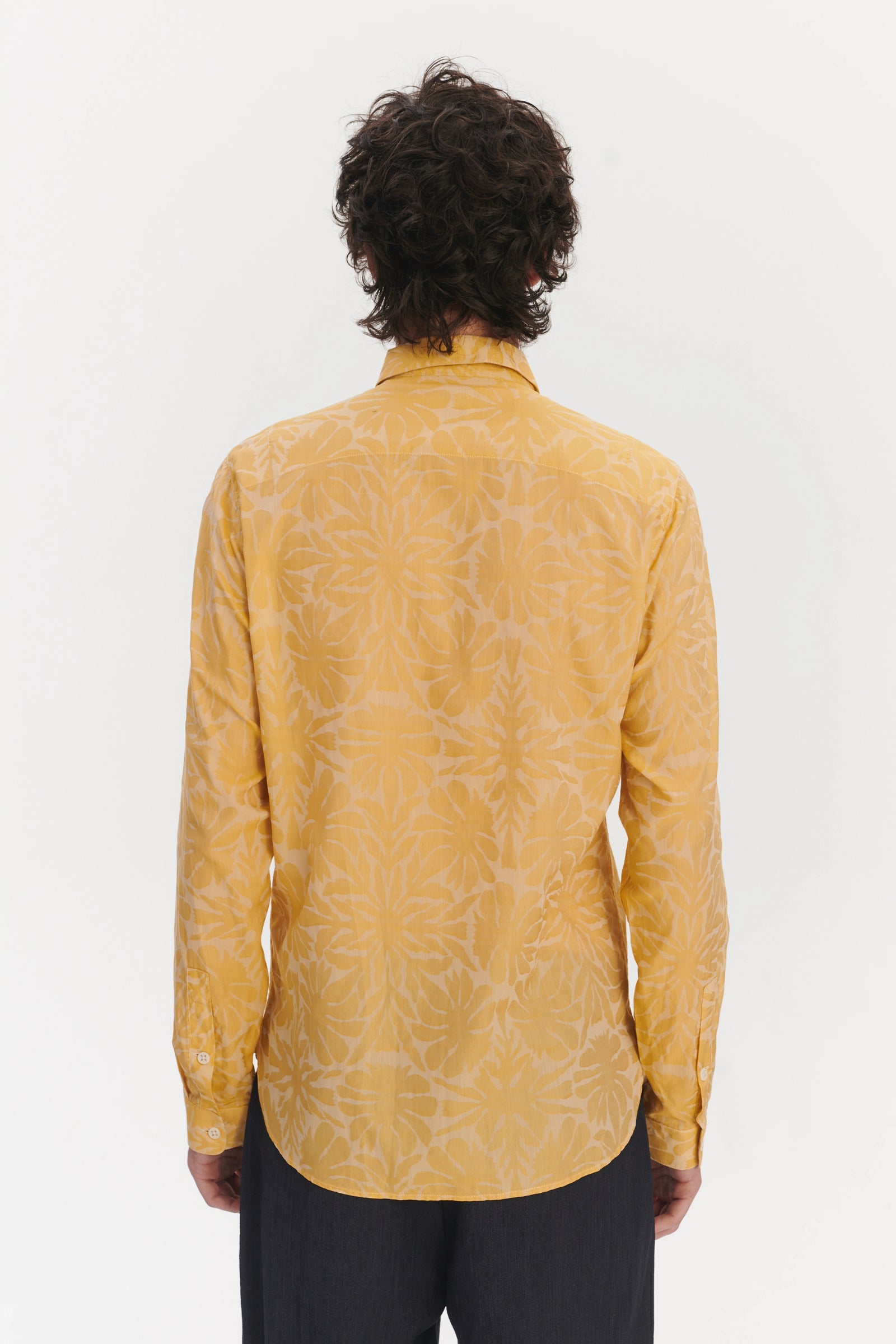 Cute Round Collar Shirt in a Yellow and Cream Jacquard Italian Cotton