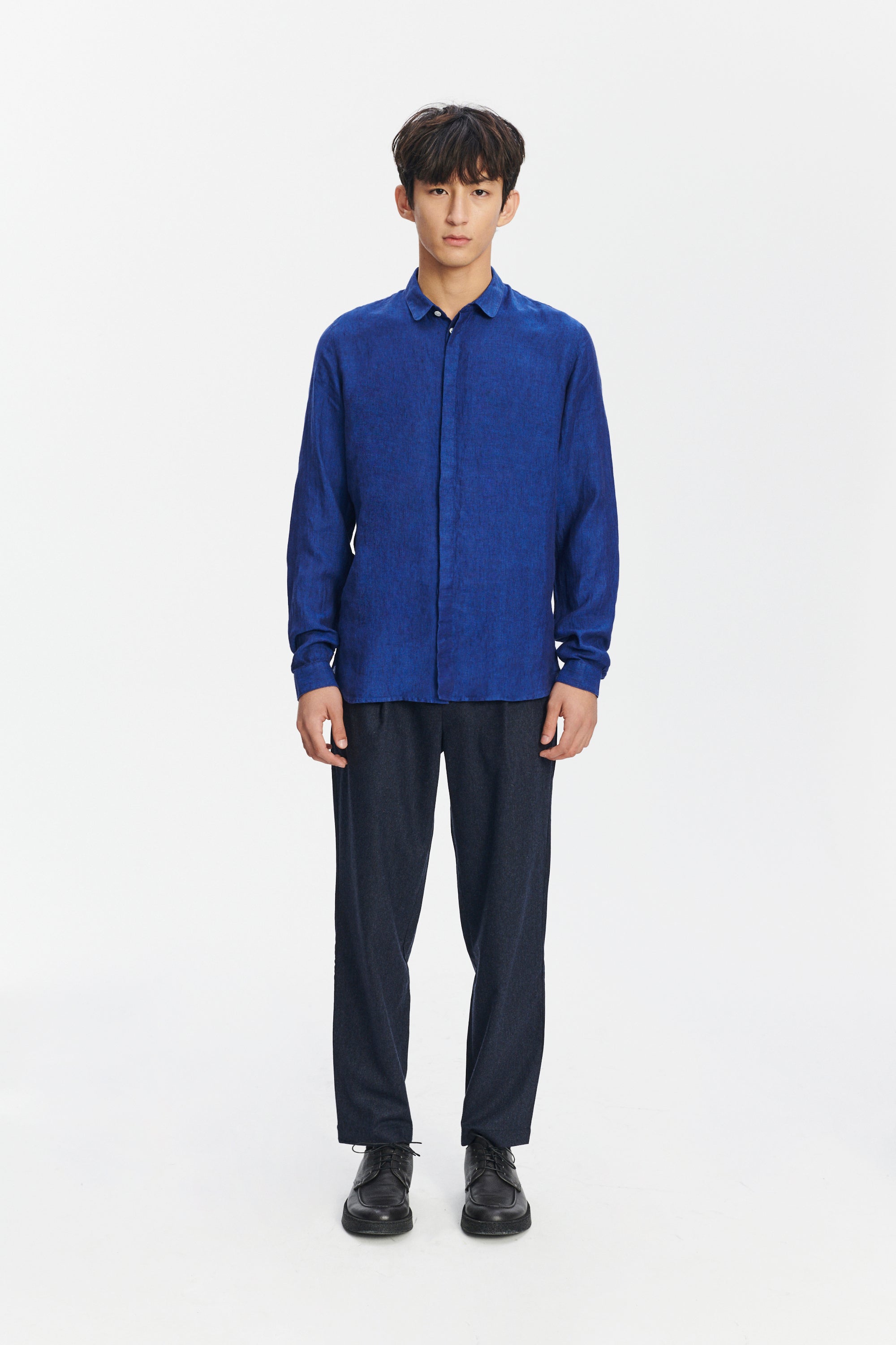 Cute Round Collar Shirt in a Soft and Airy Cobalt Blue Bohemian Linen