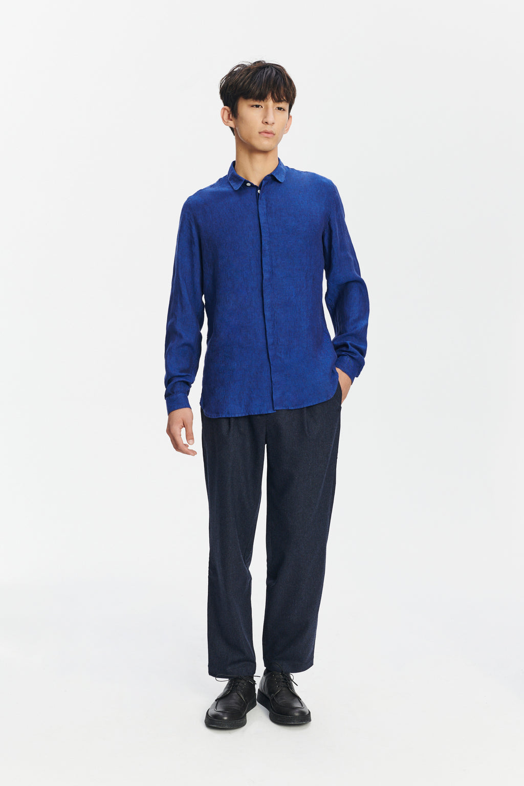 Cute Round Collar Shirt in a Soft and Airy Cobalt Blue Bohemian Linen