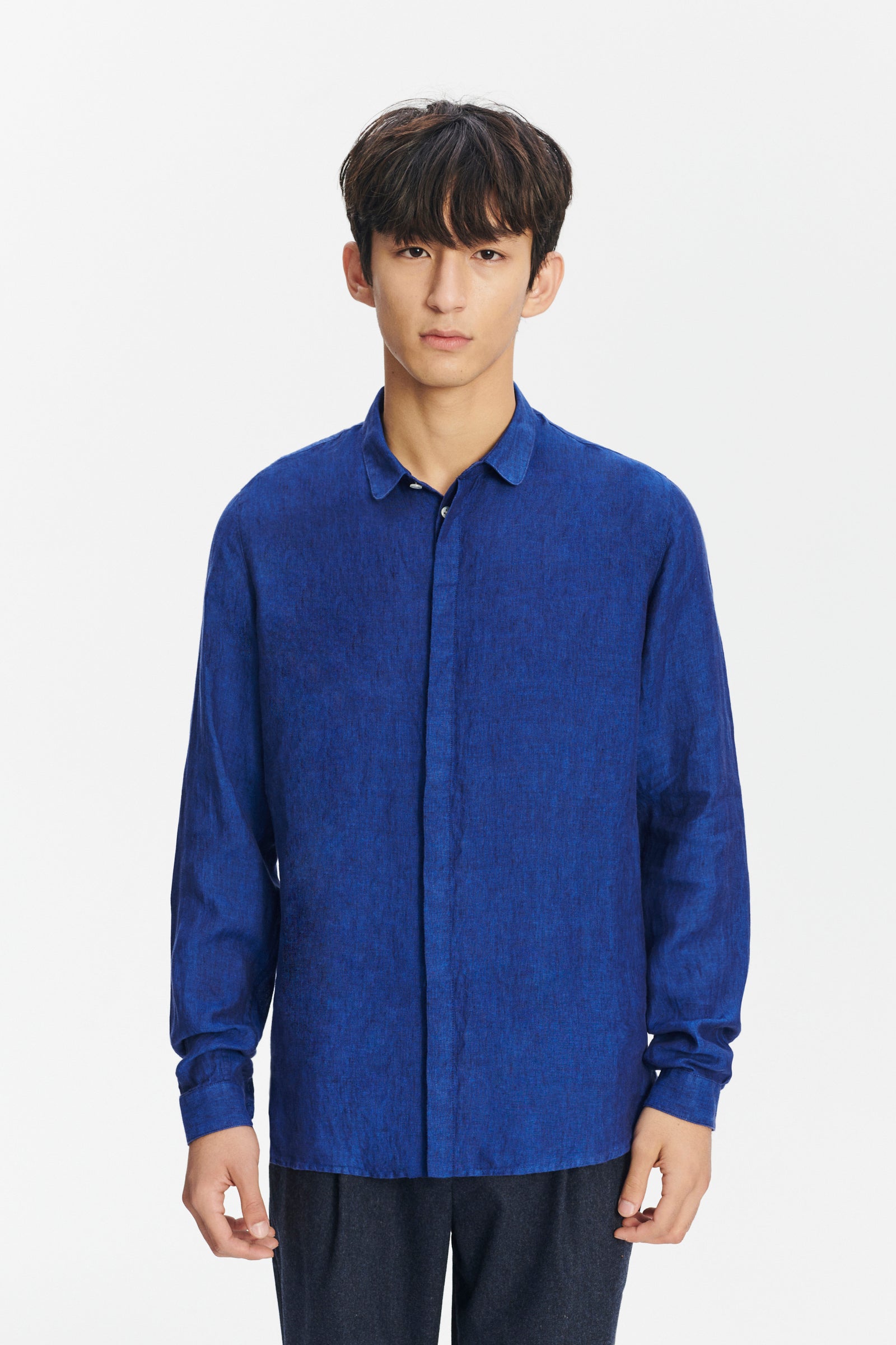 Cute Round Collar Shirt in a Soft and Airy Cobalt Blue Bohemian Linen