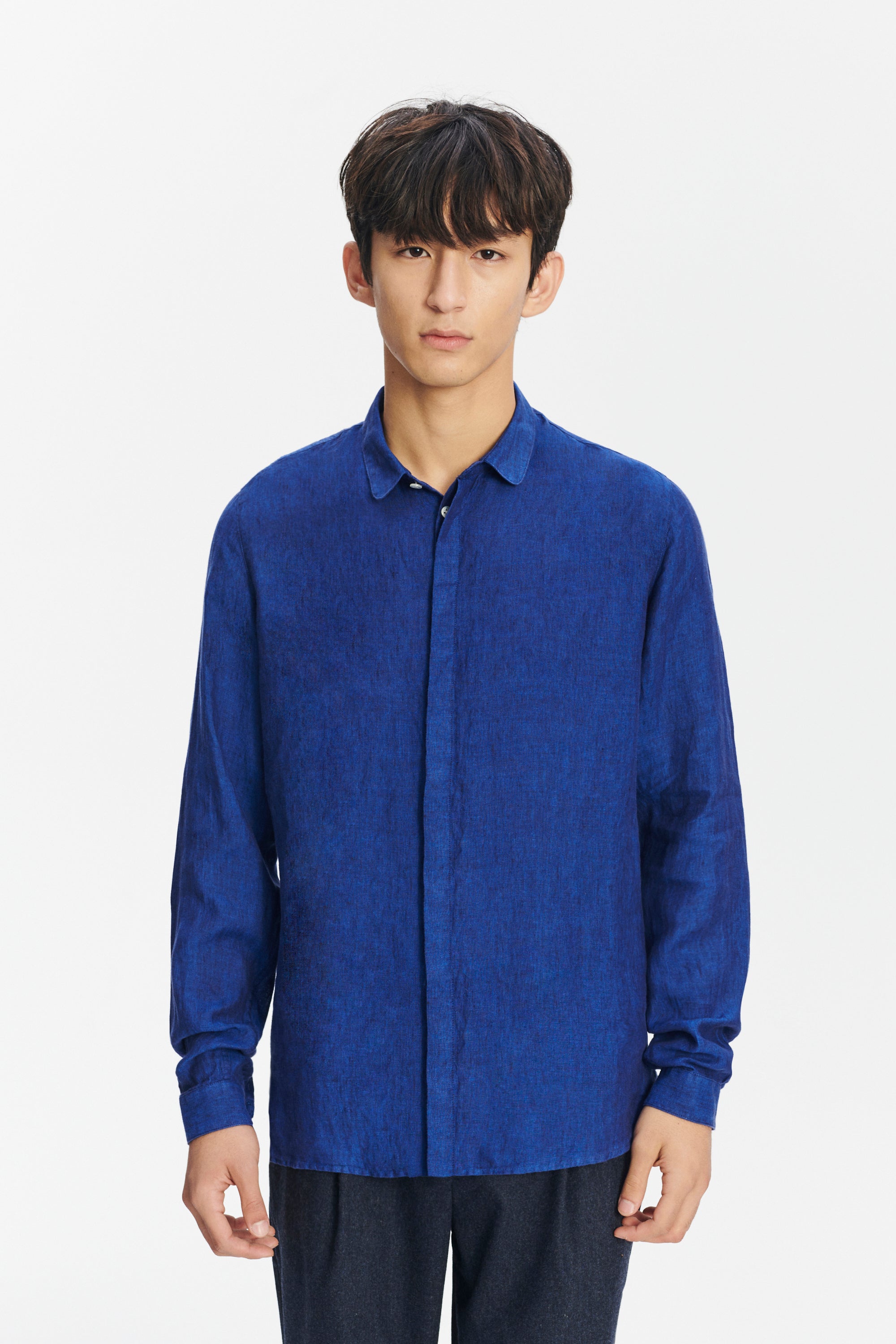 Cute Round Collar Shirt in a Soft and Airy Cobalt Blue Bohemian Linen