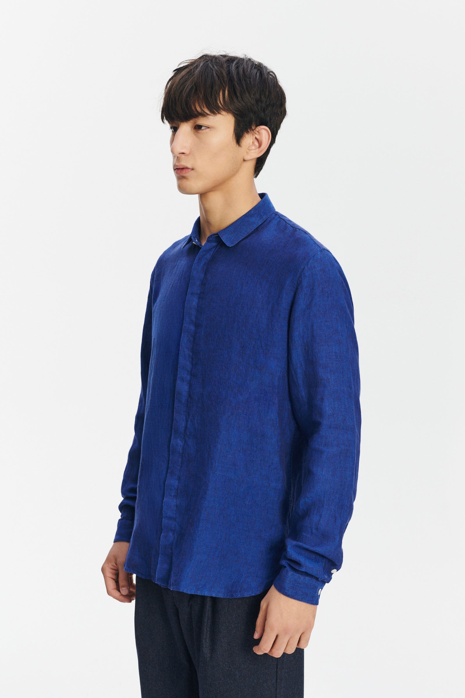 Cute Round Collar Shirt in a Soft and Airy Cobalt Blue Bohemian Linen