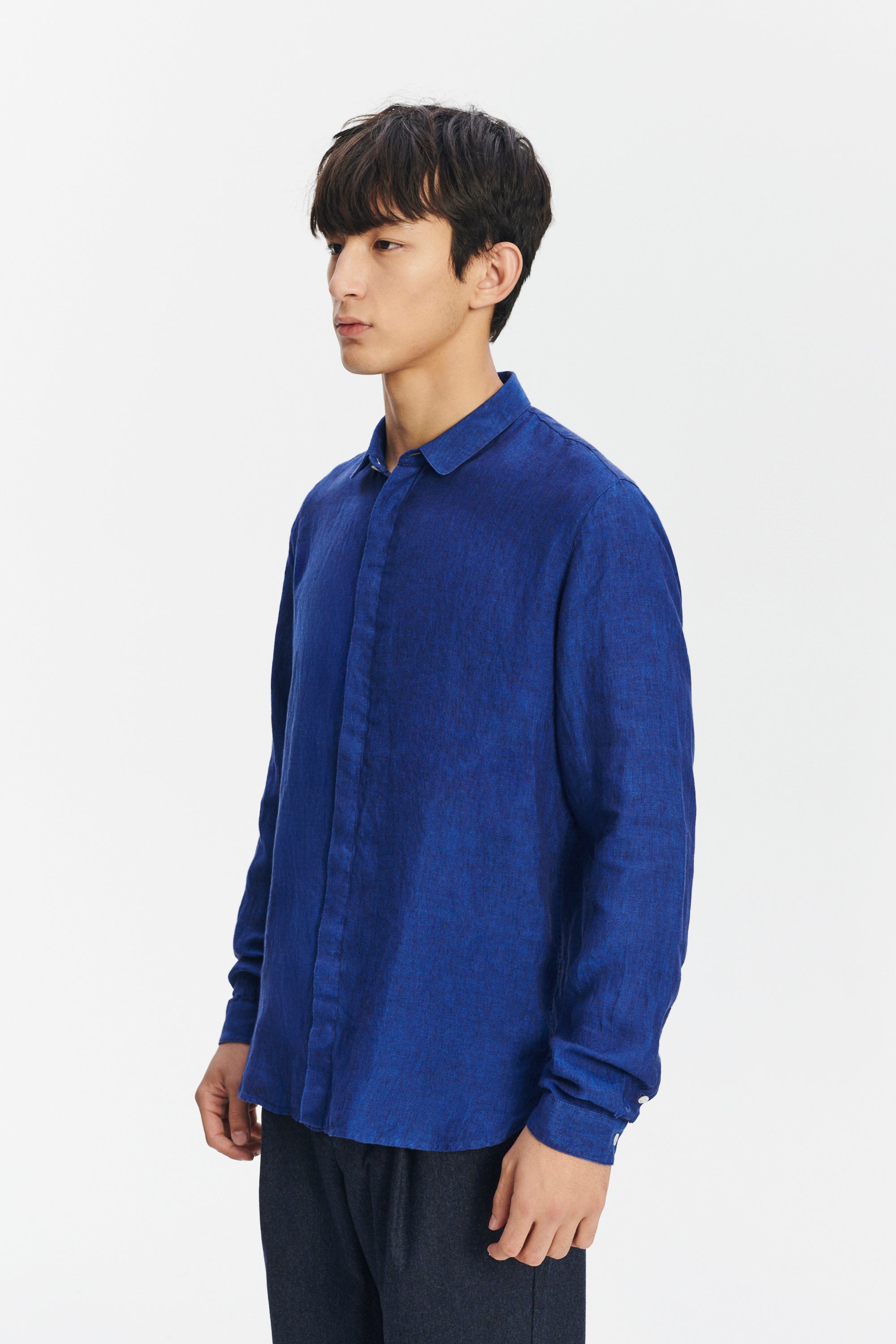 Cute Round Collar Shirt in a Soft and Airy Cobalt Blue Bohemian Linen
