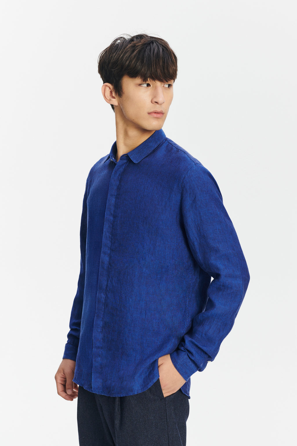 Cute Round Collar Shirt in a Soft and Airy Cobalt Blue Bohemian Linen