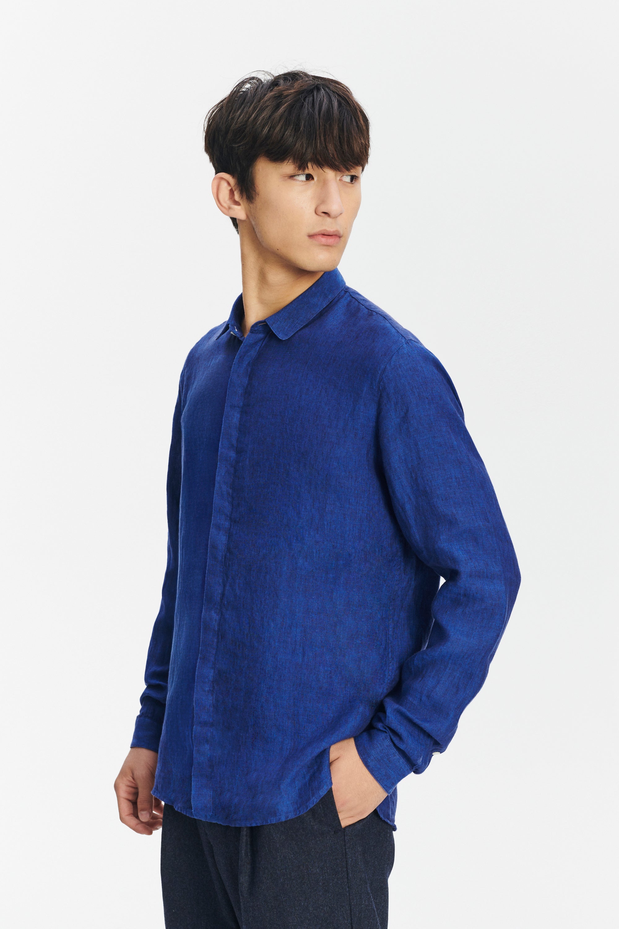 Cute Round Collar Shirt in a Soft and Airy Cobalt Blue Bohemian Linen