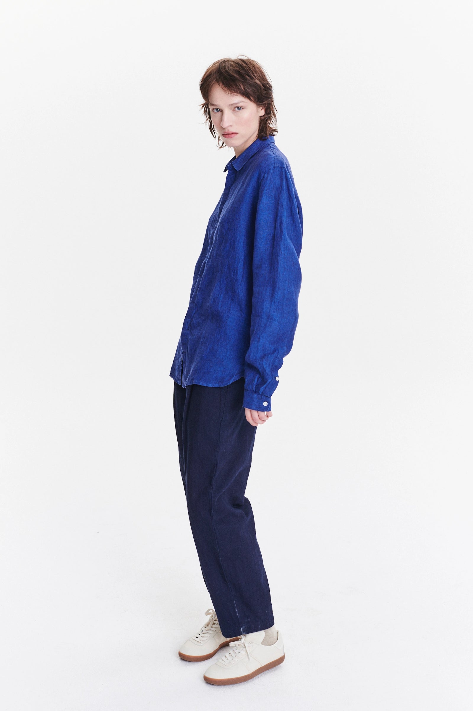 Cute Round Collar Unisex Shirt in a Cobalt Blue Soft Bohemian Linen