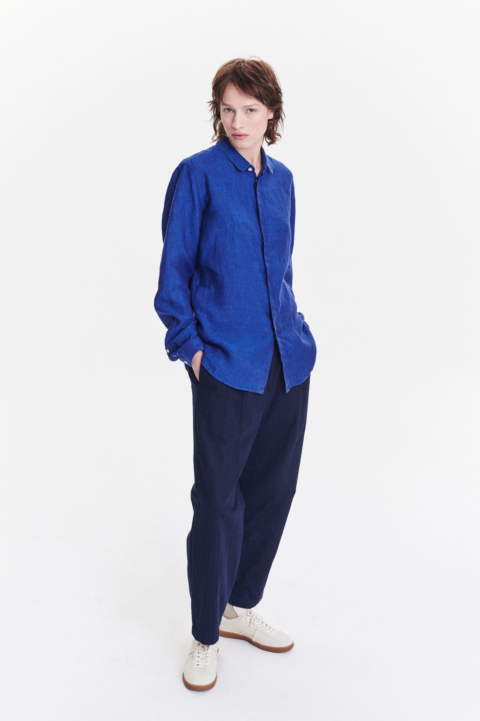 Cute Round Collar Unisex Shirt in a Cobalt Blue Soft Bohemian Linen