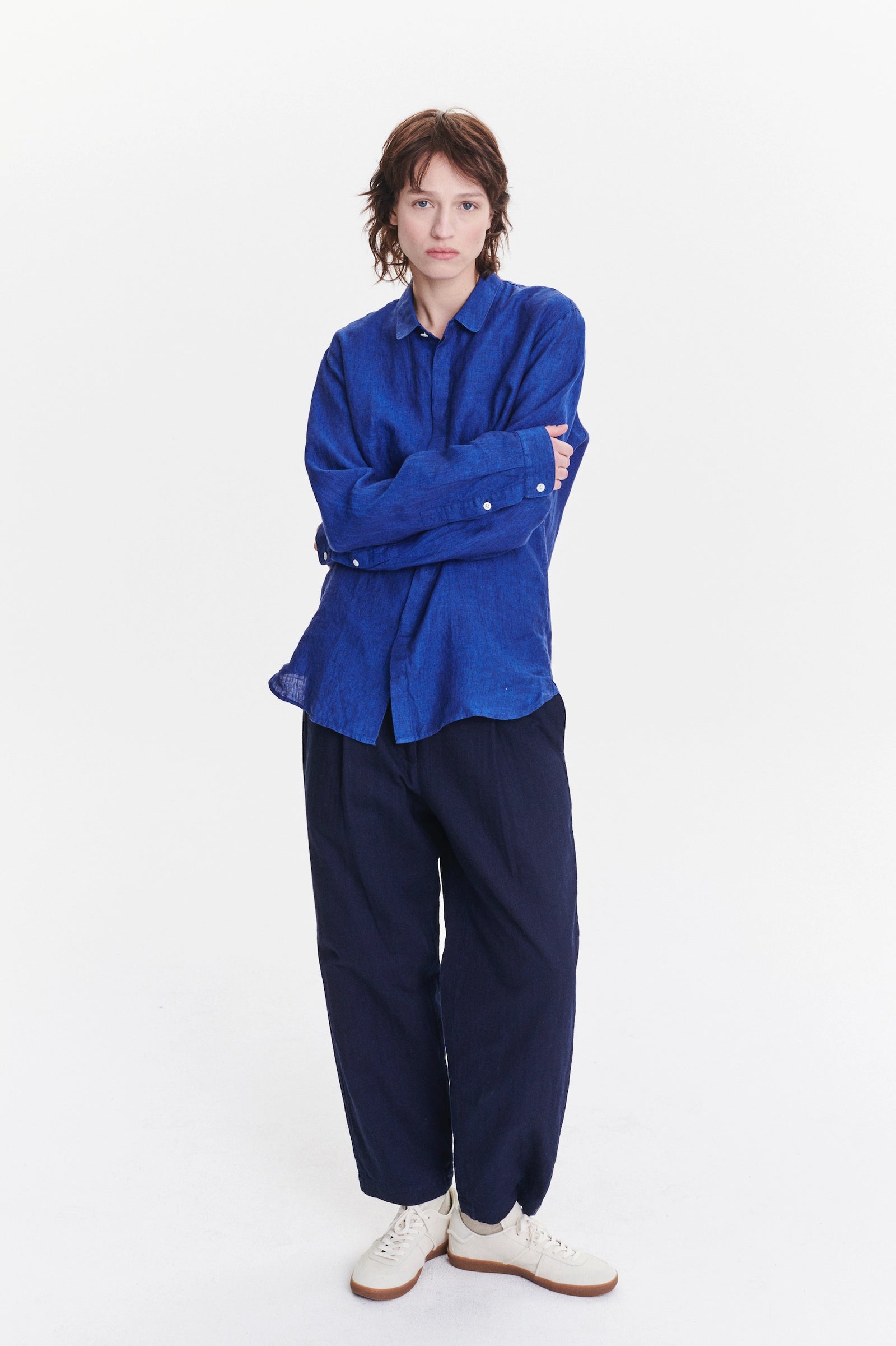 Cute Round Collar Unisex Shirt in a Cobalt Blue Soft Bohemian Linen
