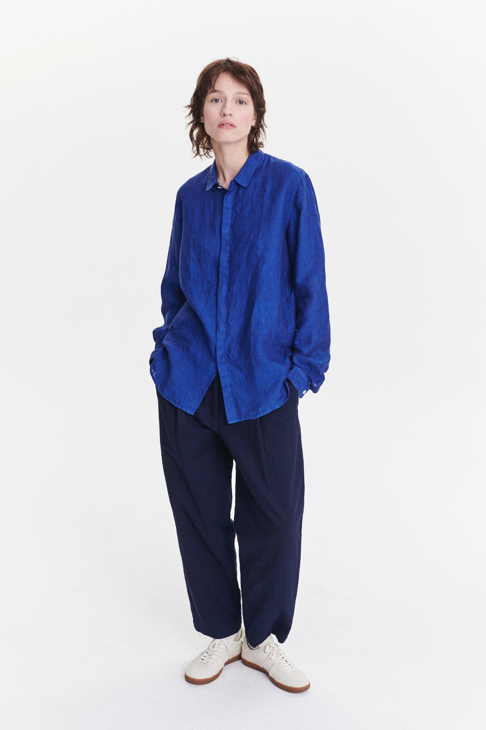 Cute Round Collar Unisex Shirt in a Cobalt Blue Soft Bohemian Linen