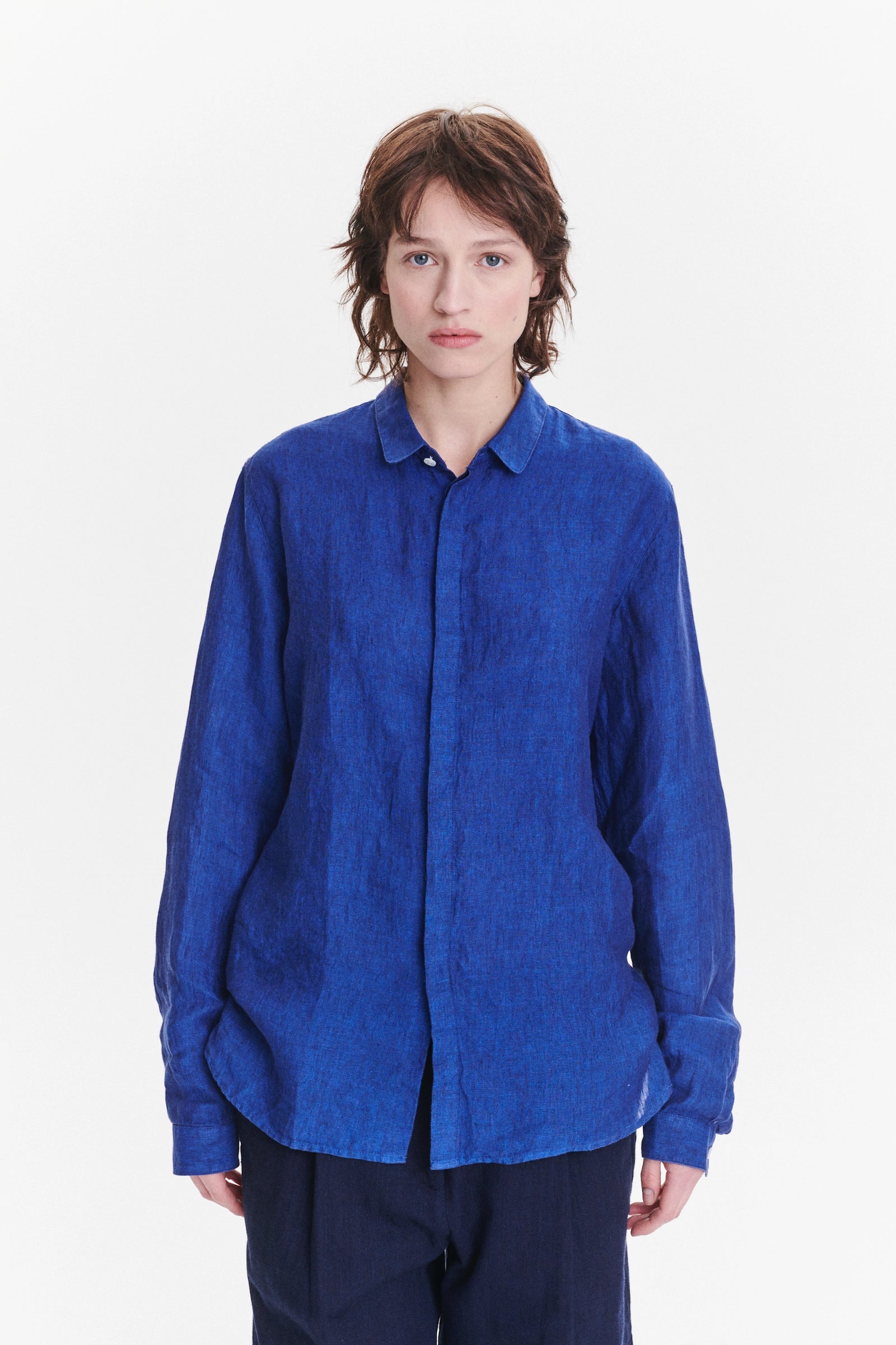 Cute Round Collar Unisex Shirt in a Cobalt Blue Soft Bohemian Linen