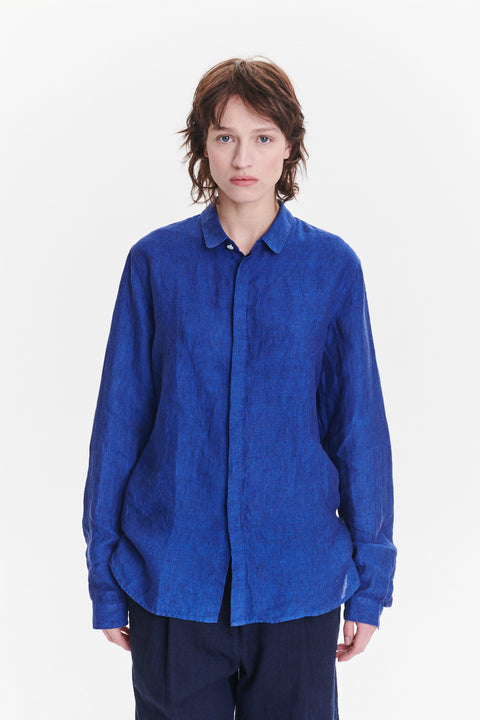 Cute Round Collar Shirt in a Soft and Airy Cobalt Blue Bohemian Linen
