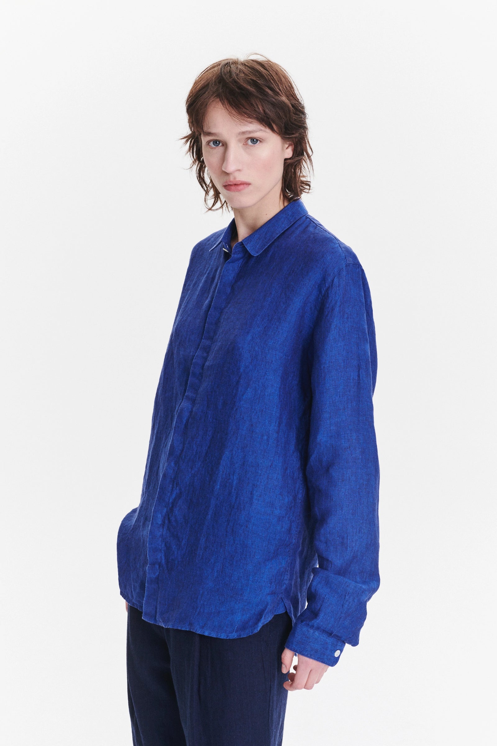 Cute Round Collar Unisex Shirt in a Cobalt Blue Soft Bohemian Linen