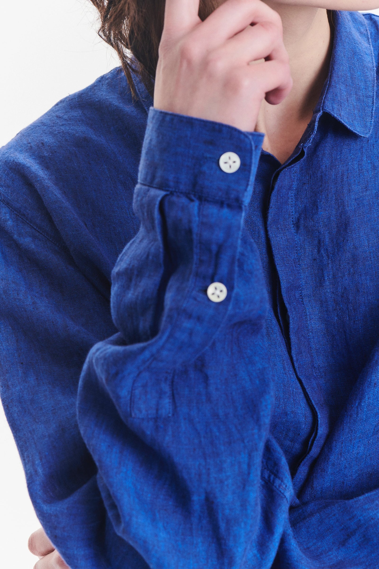 Cute Round Collar Unisex Shirt in a Cobalt Blue Soft Bohemian Linen