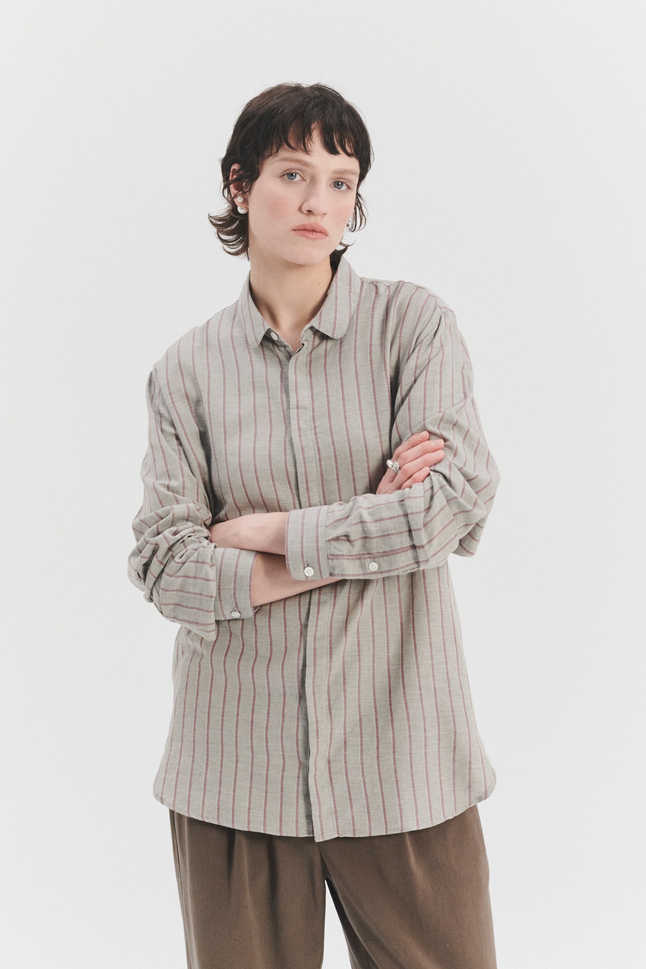 Cute Shirt in a Grey and Red Striped Blend of Portuguese Cotton and Cashmere