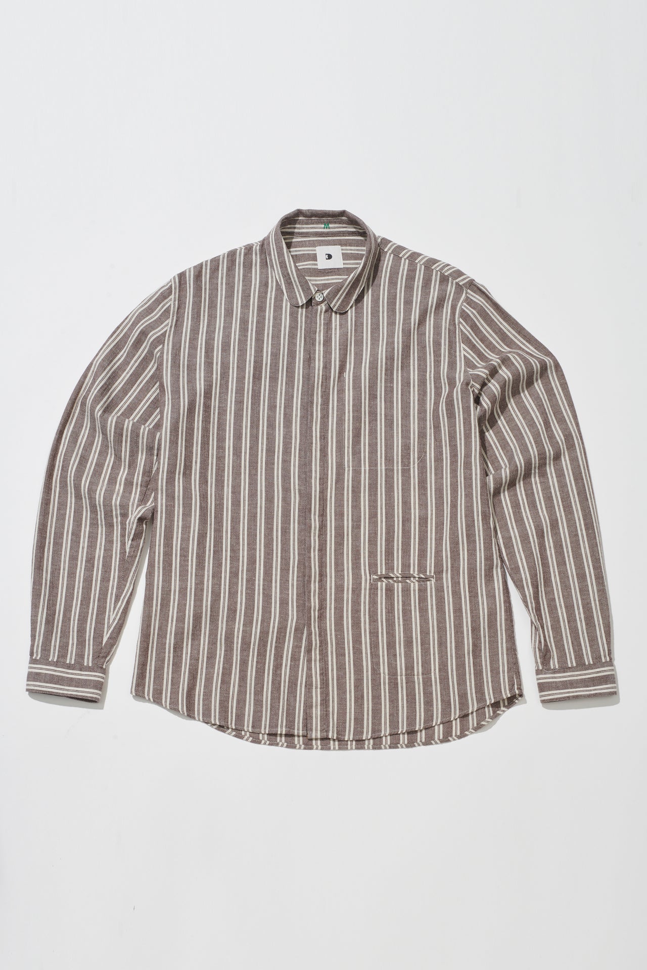 Cute Round Collar Shirt in a  Taupe Brown and White Striped Japanese Cotton and Linen
