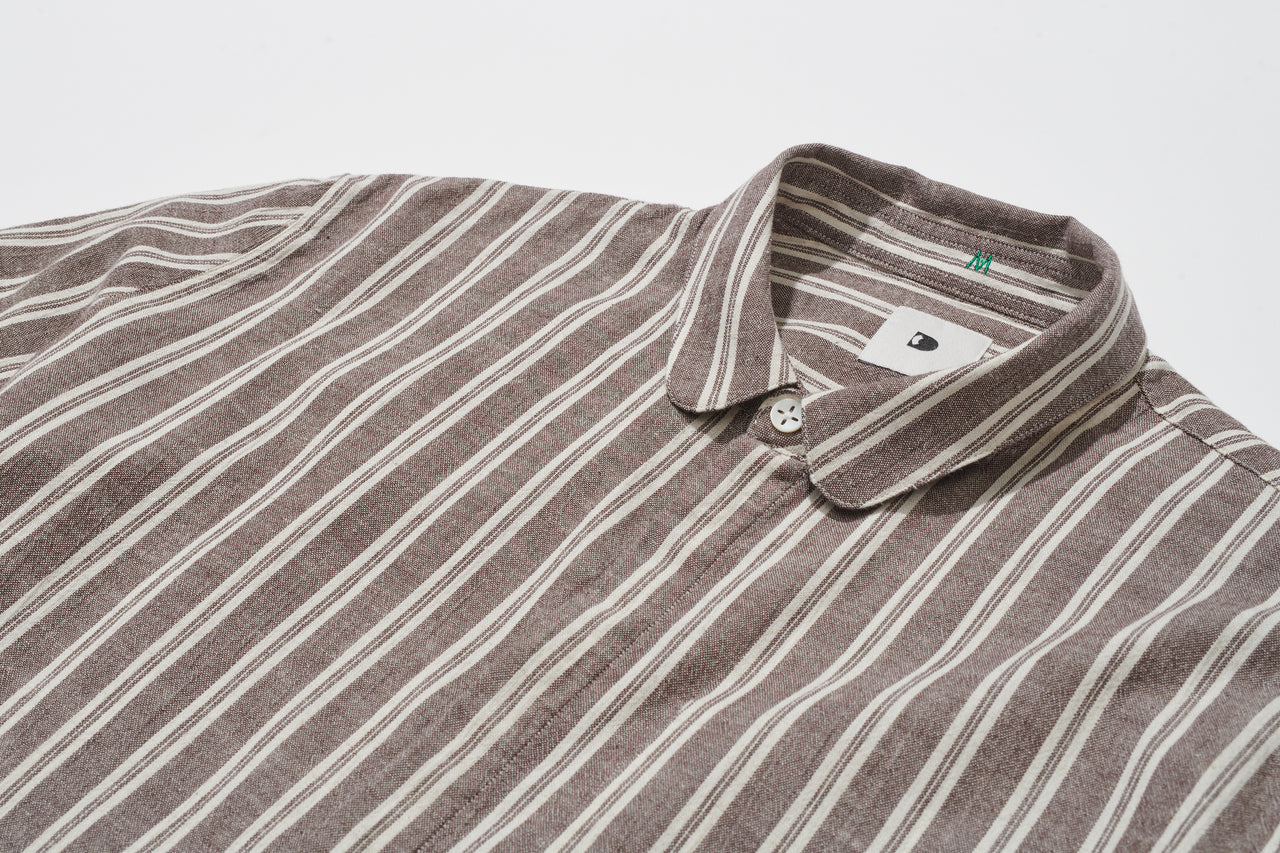 Cute Round Collar Shirt in a  Taupe Brown and White Striped Japanese Cotton and Linen