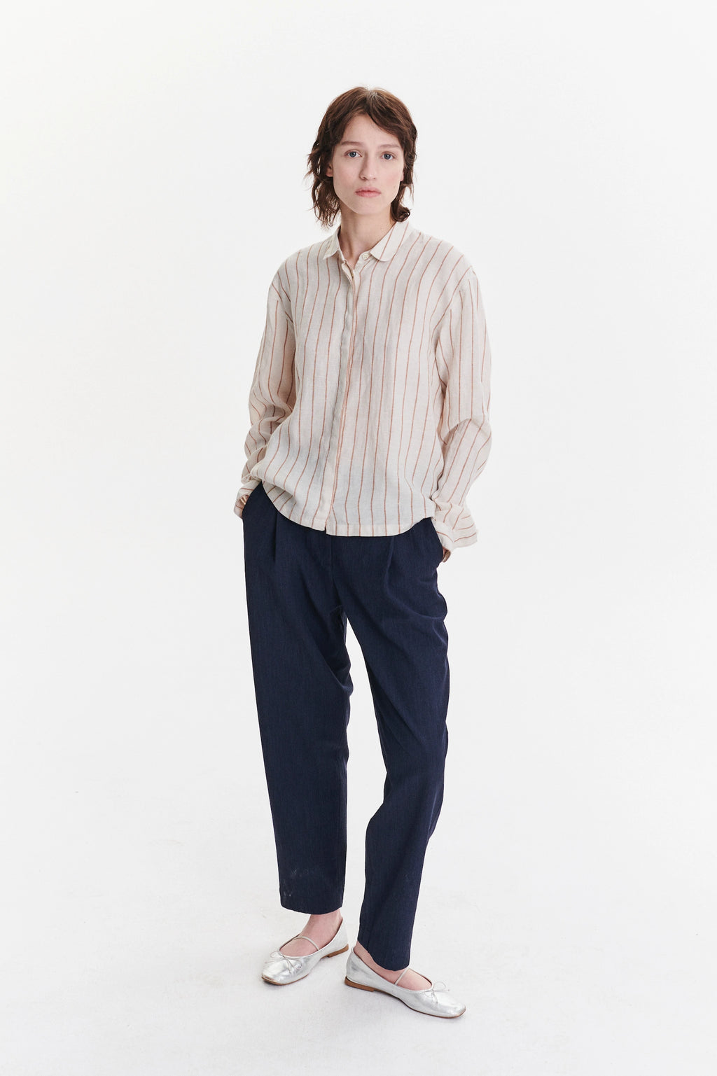 Cute Round Collar Shirt in a Soft and Airy Striped Bohemian Linen