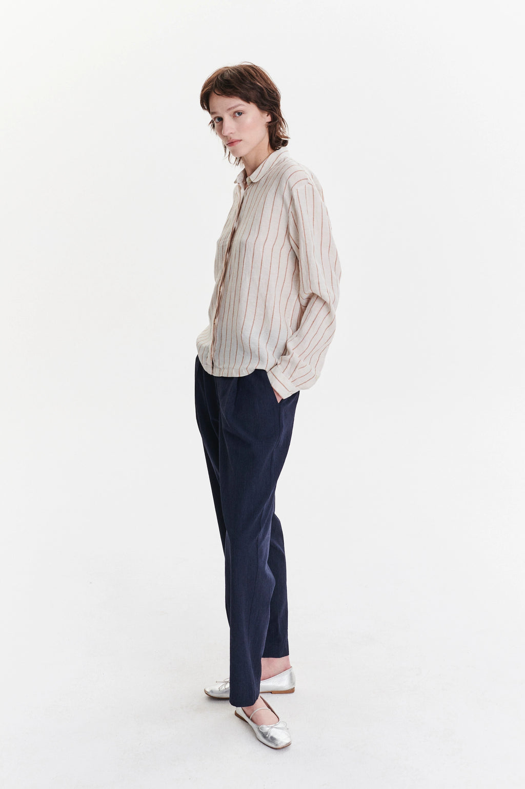 Cute Round Collar Shirt in a Soft and Airy Striped Bohemian Linen