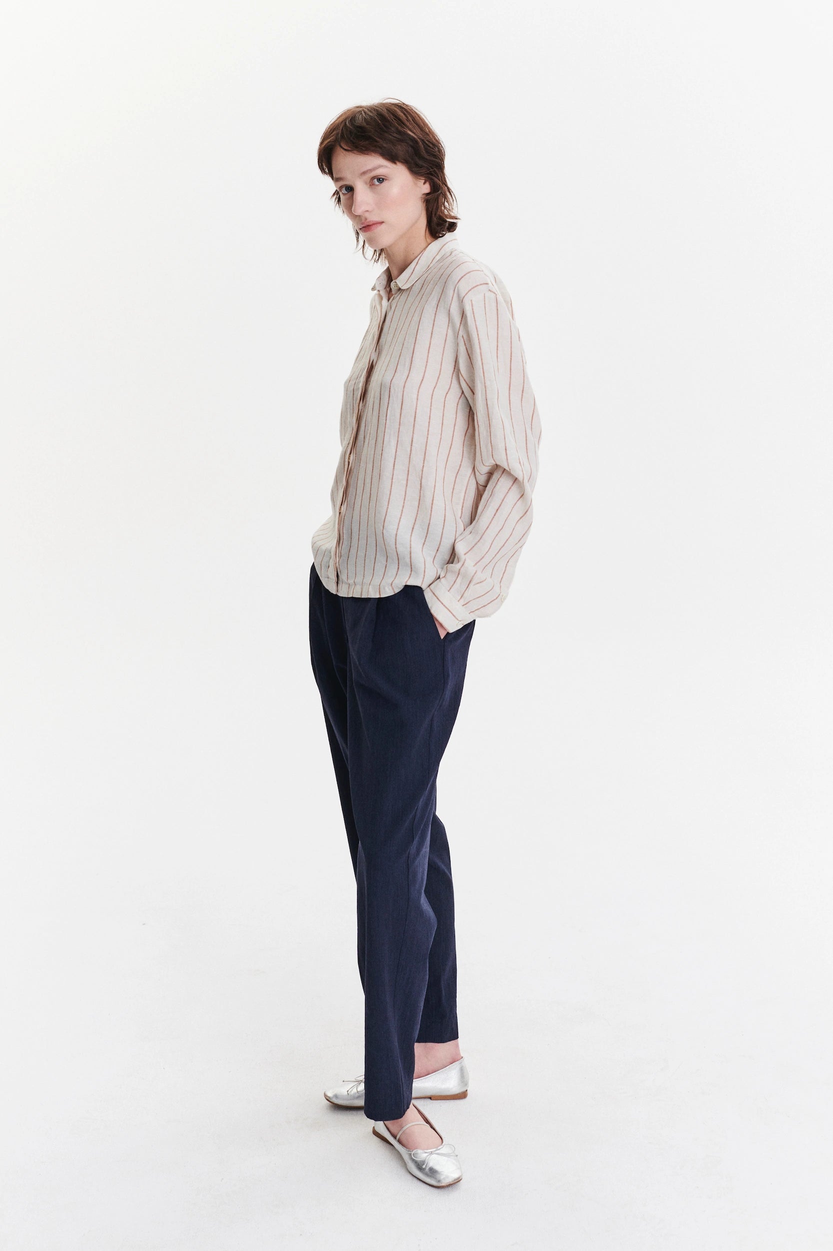 Cute Round Collar Shirt in a Soft and Airy Striped Bohemian Linen