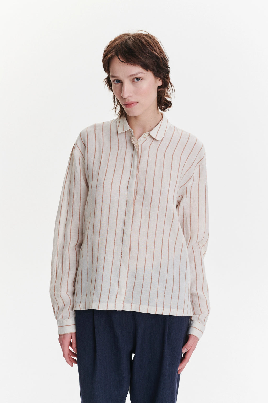 Cute Round Collar Shirt in a Soft and Airy Striped Bohemian Linen