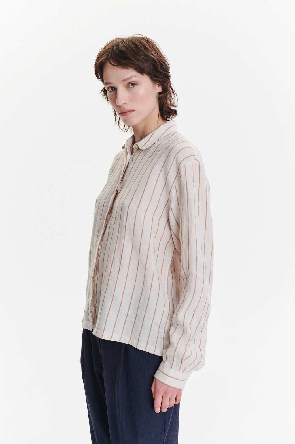 Cute Round Collar Shirt in a Soft and Airy Striped Bohemian Linen