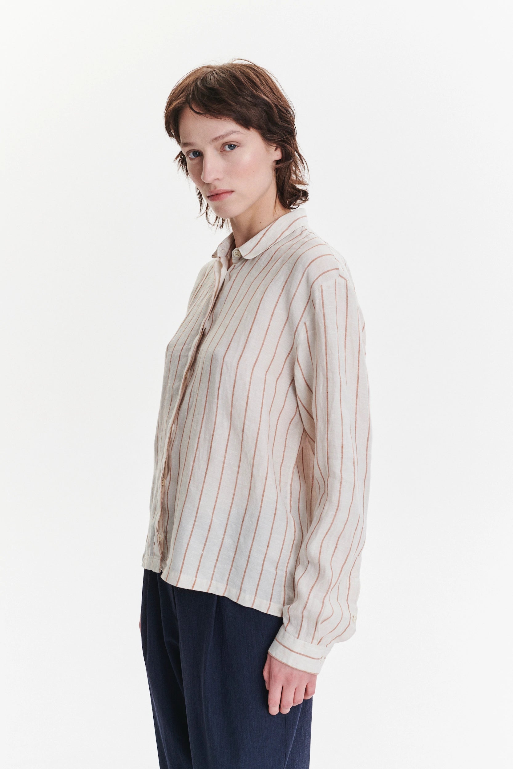 Cute Round Collar Shirt in a Soft and Airy Striped Bohemian Linen