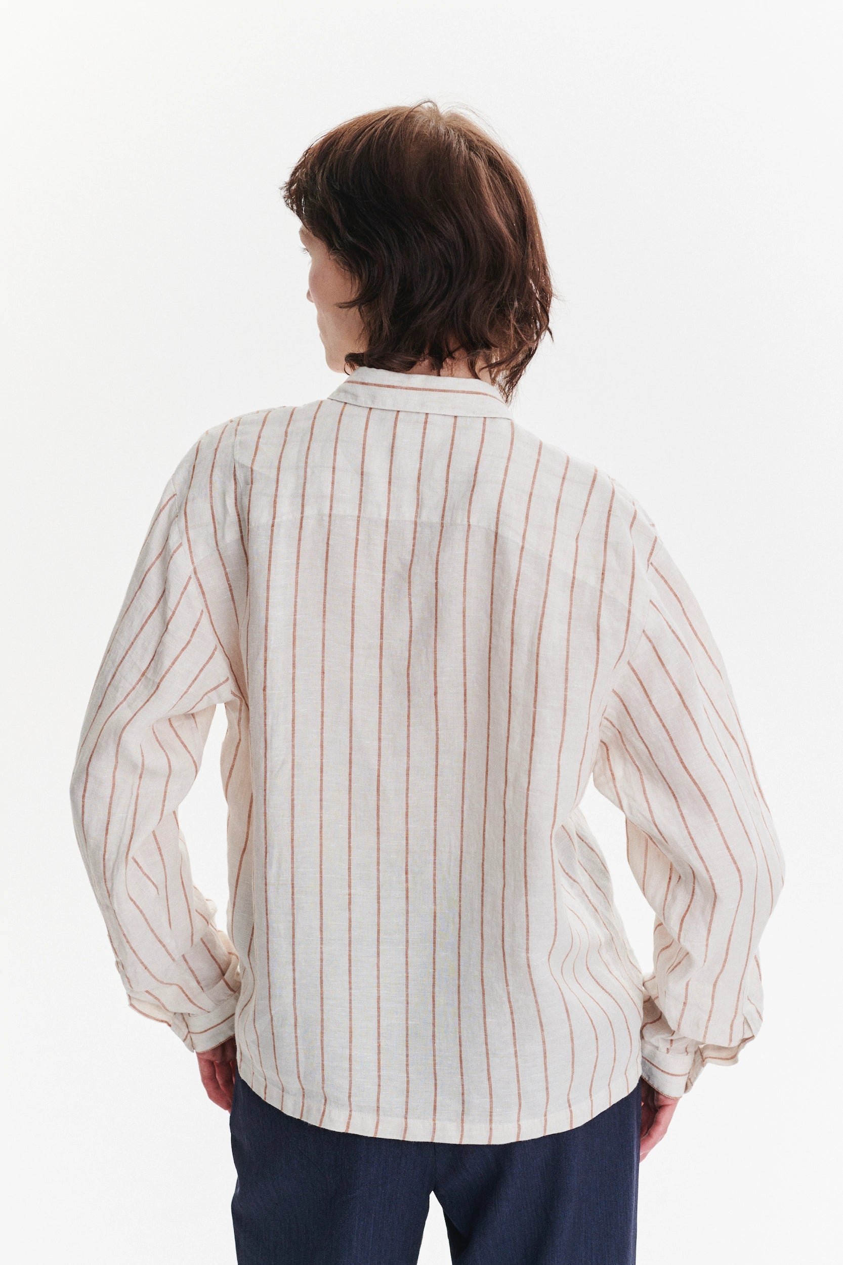 Cute Round Collar Shirt in a Soft and Airy Striped Bohemian Linen