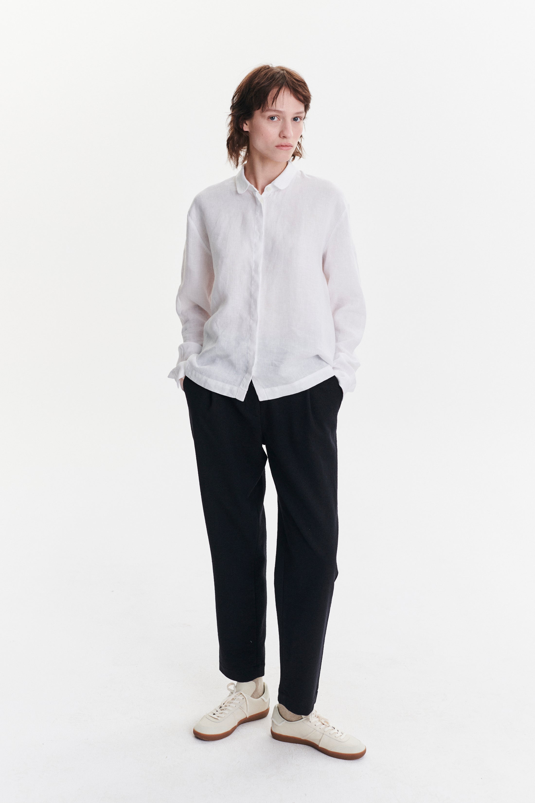 Cute Round Collar Shirt in a White Soft Italian Linen