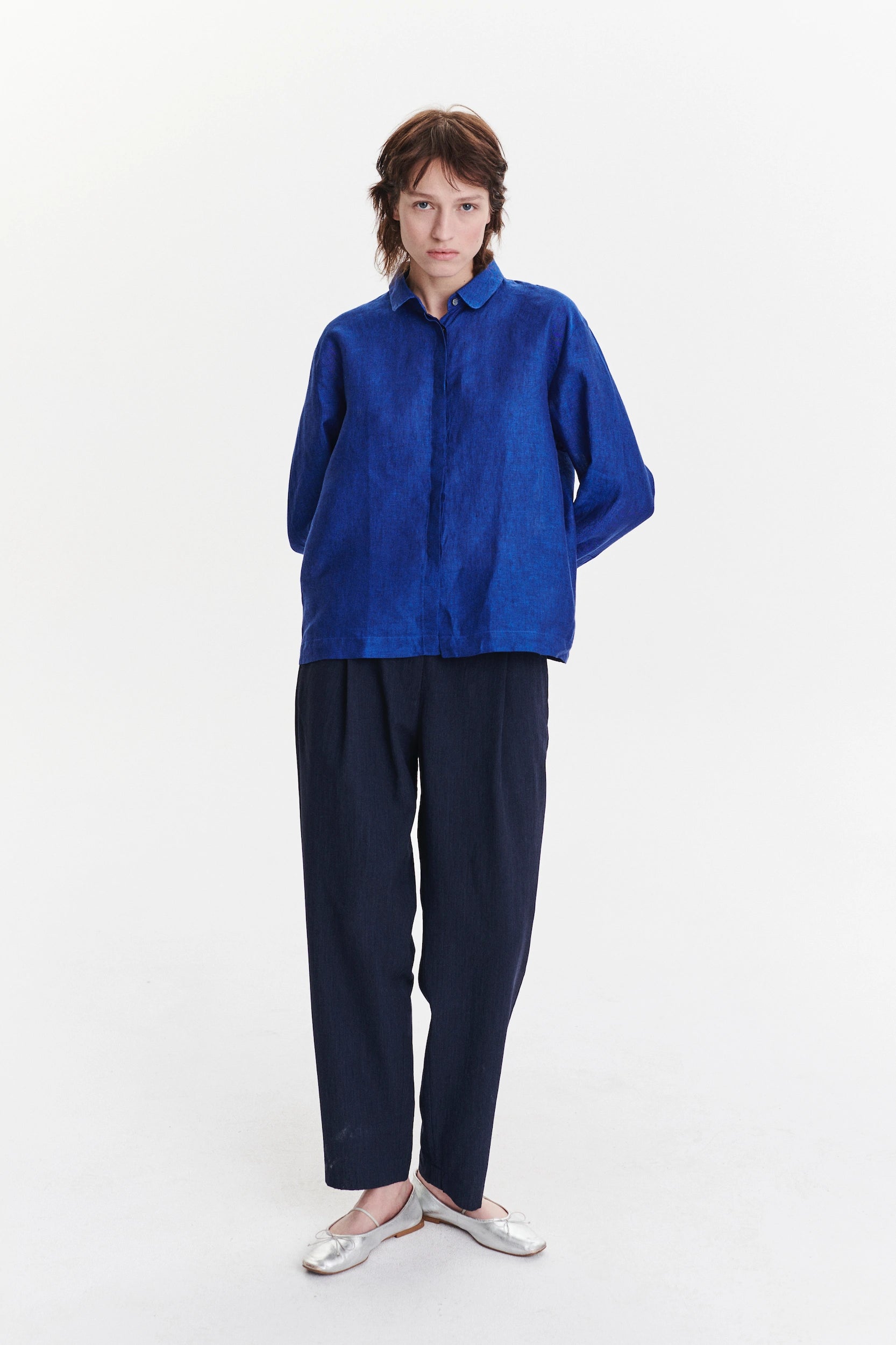 Cute Round Collar Shirt in a Cobalt Blue Soft Italian Linen