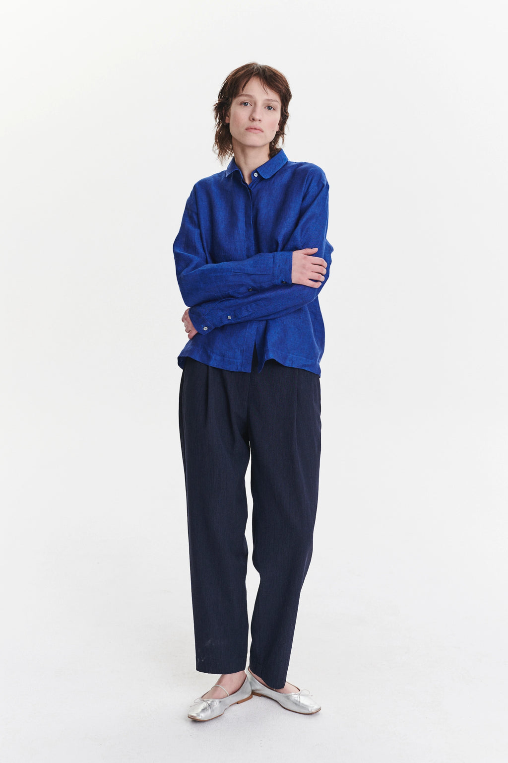 Cute Round Collar Shirt in a Cobalt Blue Soft Italian Linen