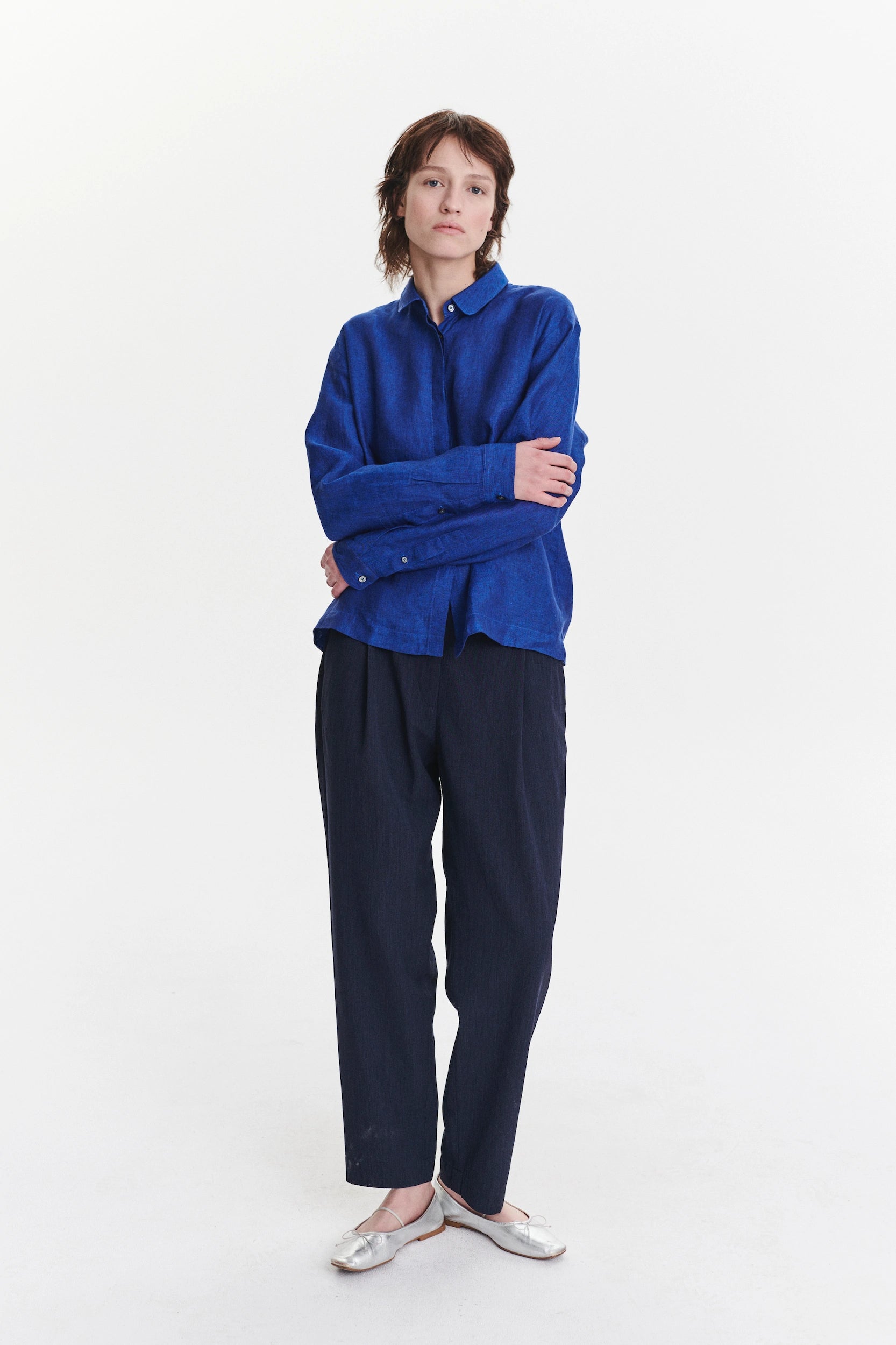 Cute Round Collar Shirt in a Cobalt Blue Soft Italian Linen