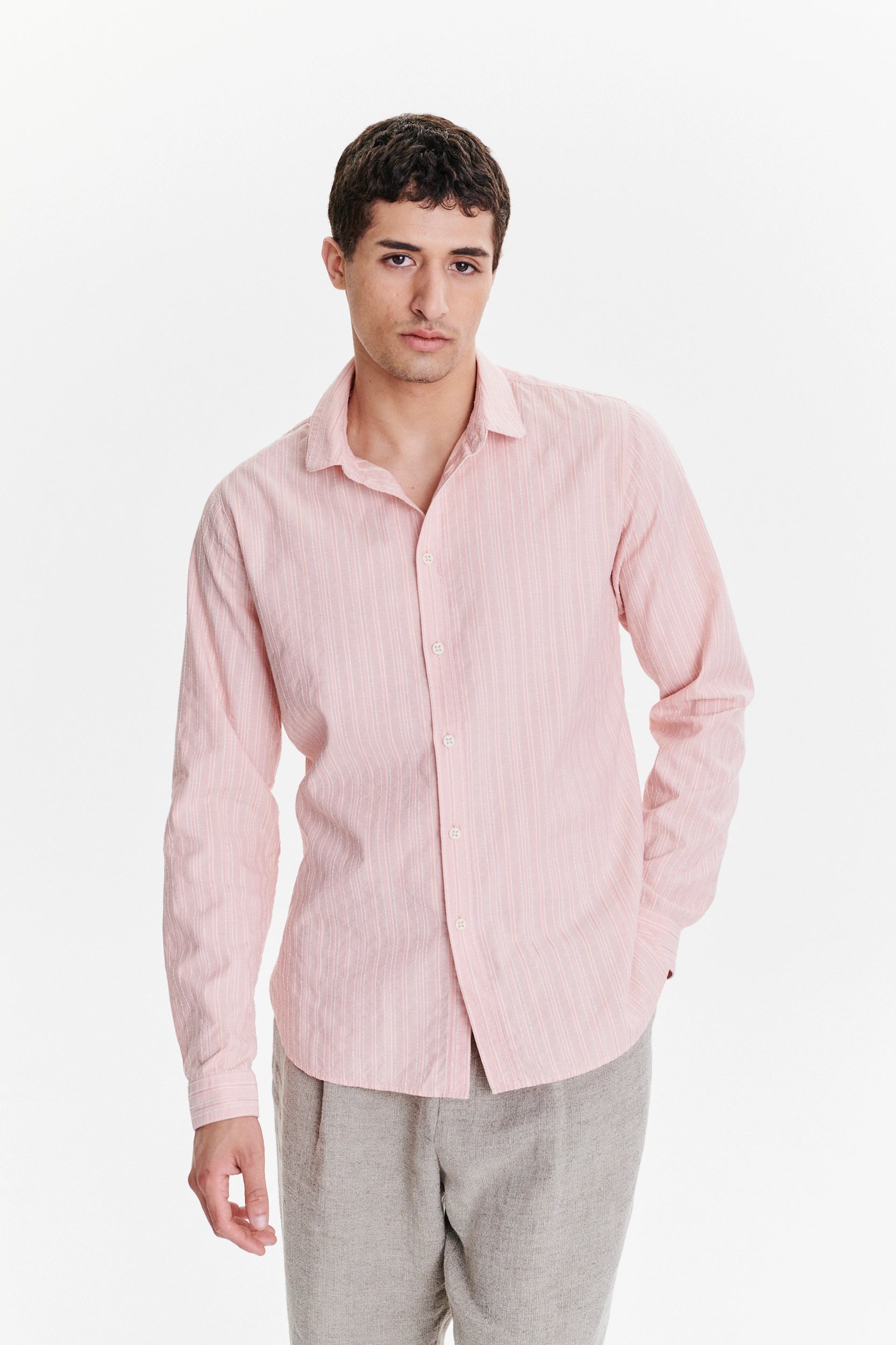 New Cute Shirt in a Subtle Pink Striped Structural Italian Cotton