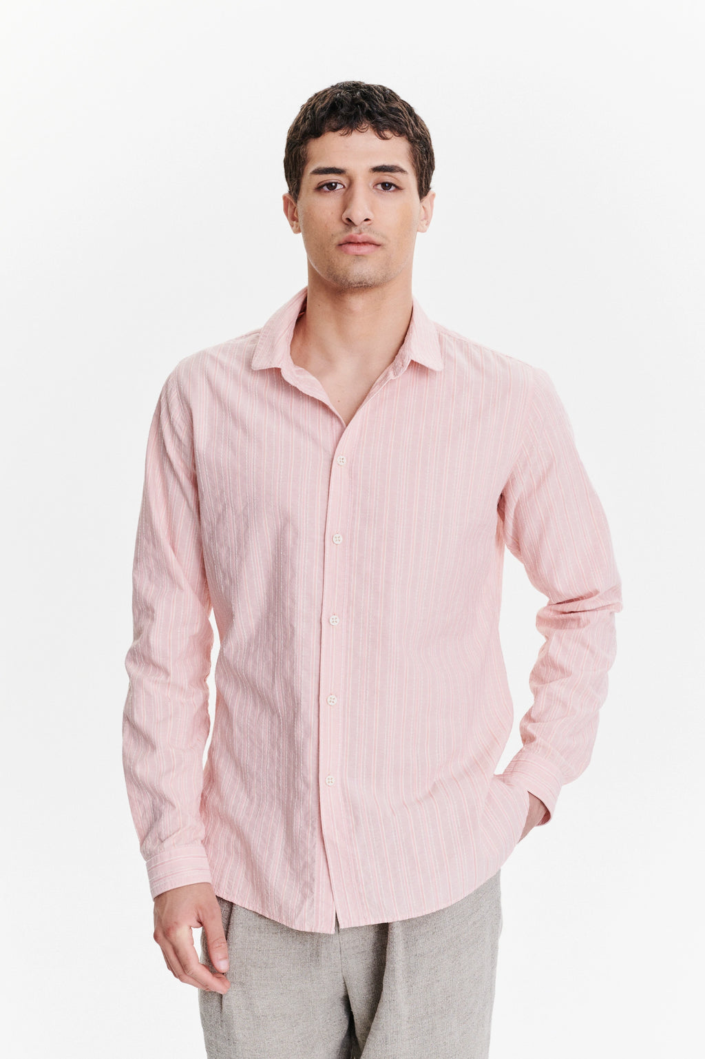 New Cute Shirt in a Subtle Pink Striped Structural Italian Cotton