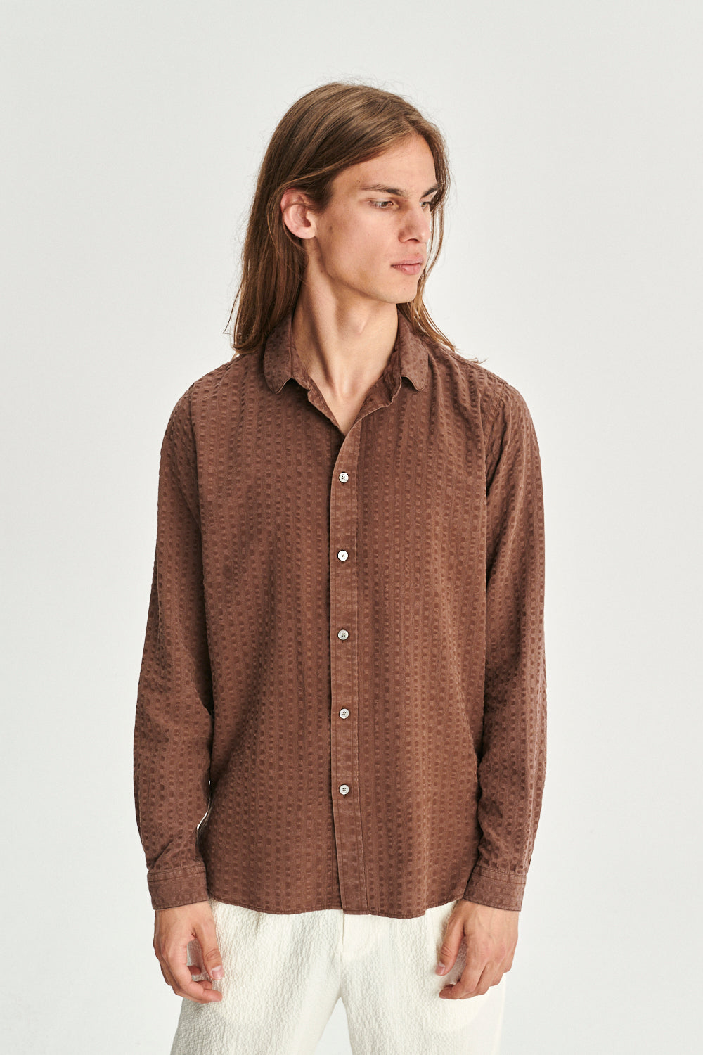 New Cute Shirt in a Brown Portuguese Pure Lyocell Soft Seersucker