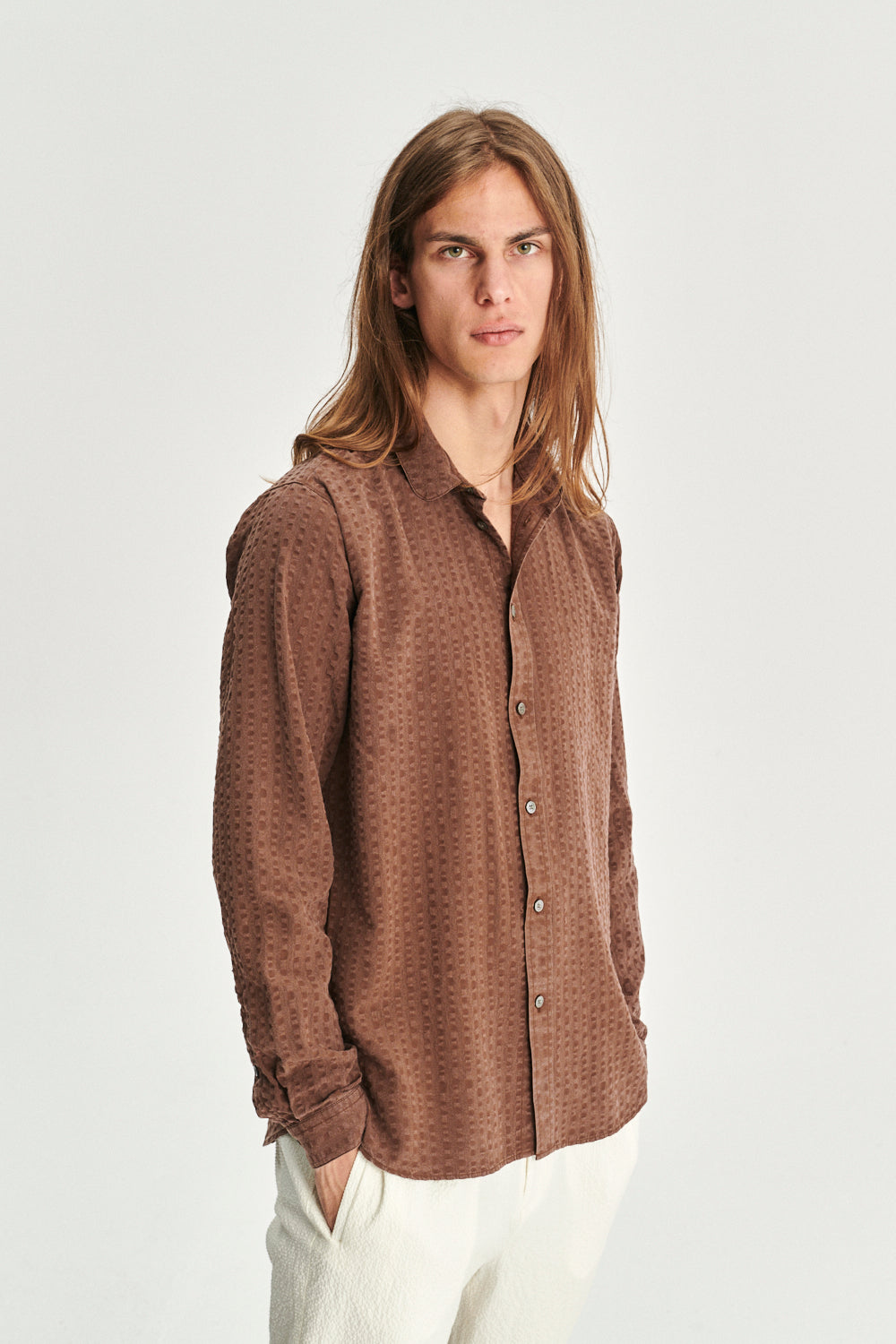 New Cute Shirt in a Brown Portuguese Pure Lyocell Soft Seersucker