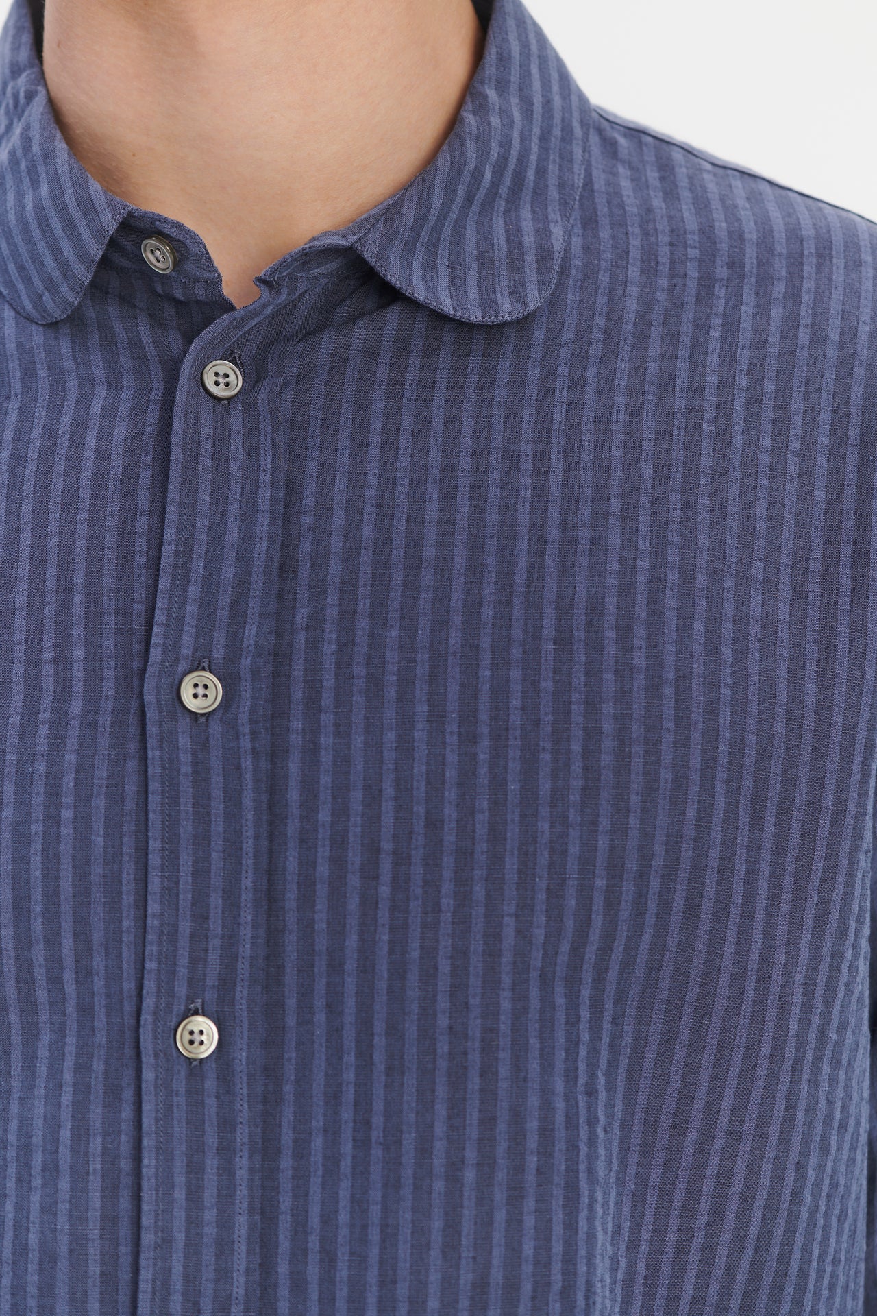 New Cute Round Collar Shirt in a Soft Steel Blue Seersucker