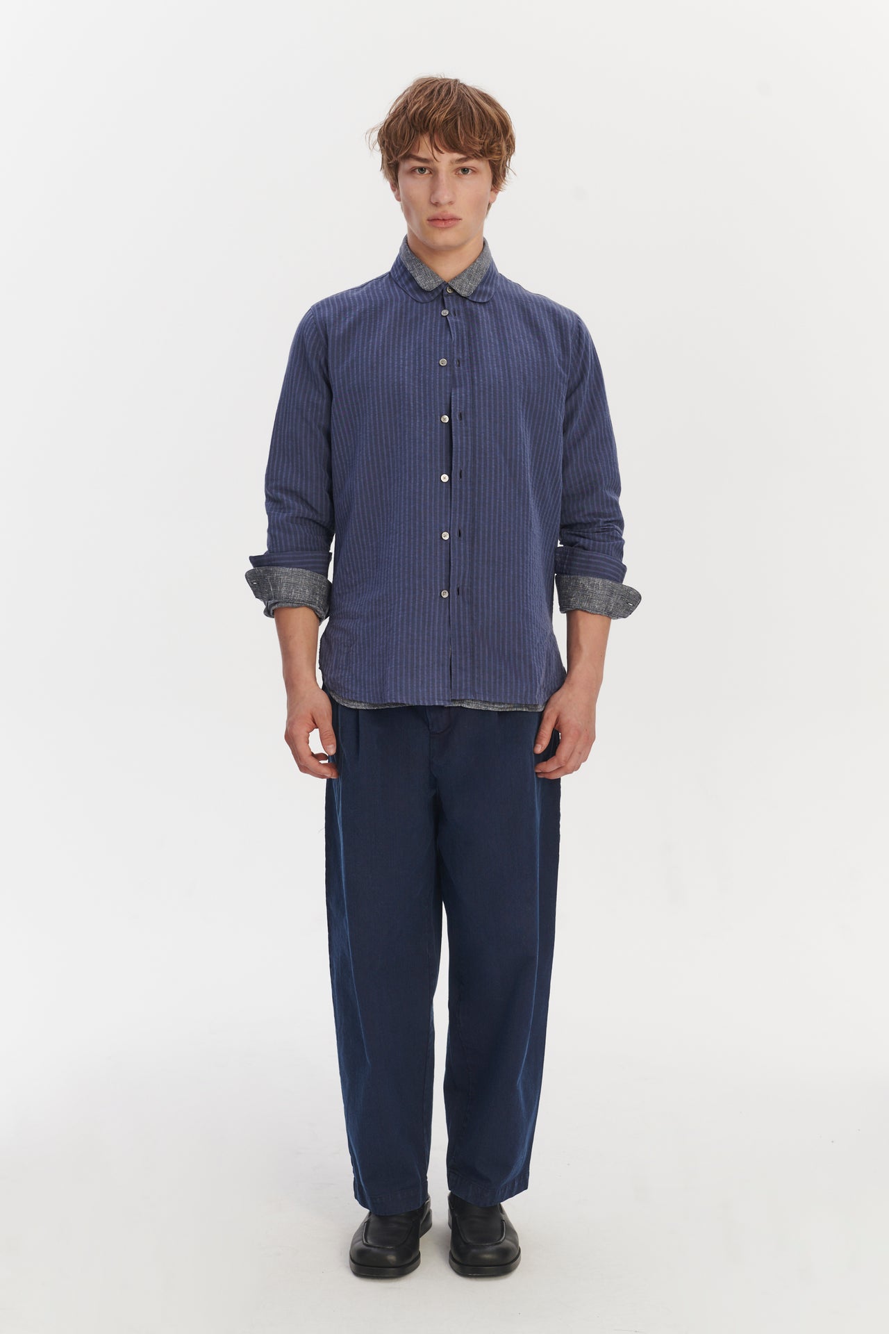 New Cute Round Collar Shirt in a Soft Steel Blue Seersucker