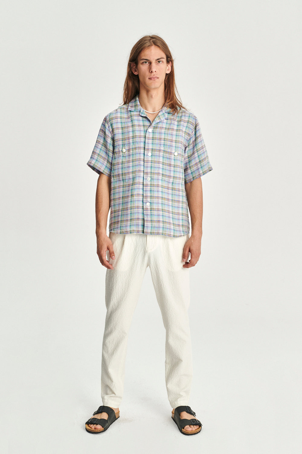 Short Sleeve Camp Collar Shirt in a Vivid Green, Yellow, Light Blue and Rust Red Chequered Italian Linen